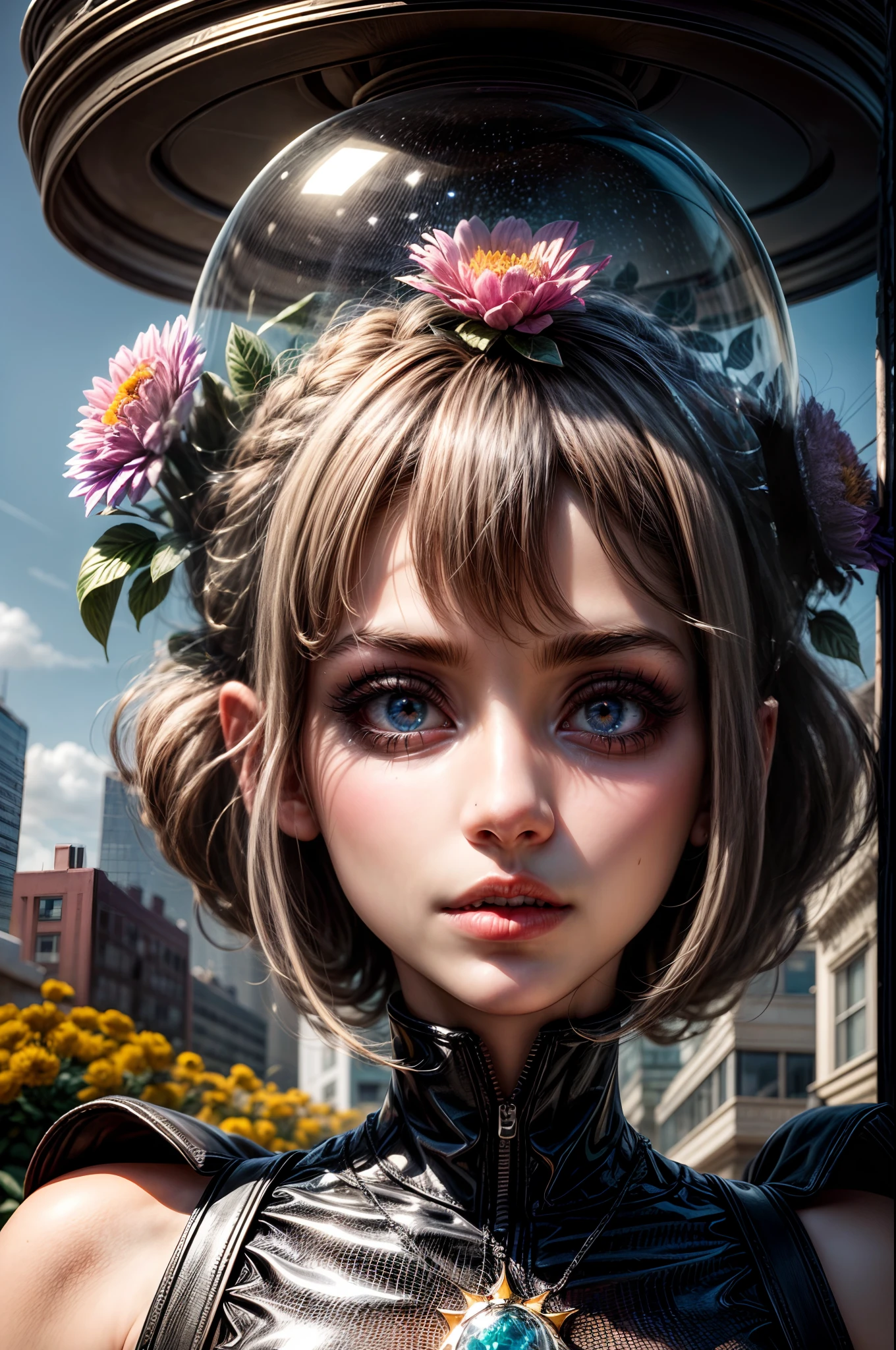 In the heart of San Francisco, a crystal-clear dome encloses a futuristic garden where vibrant flowers bloom under the watchful gaze of a girl with eyes that sparkle like the cosmos, tending to the otherworldly flora, a fusion of natural beauty and technological wonder.