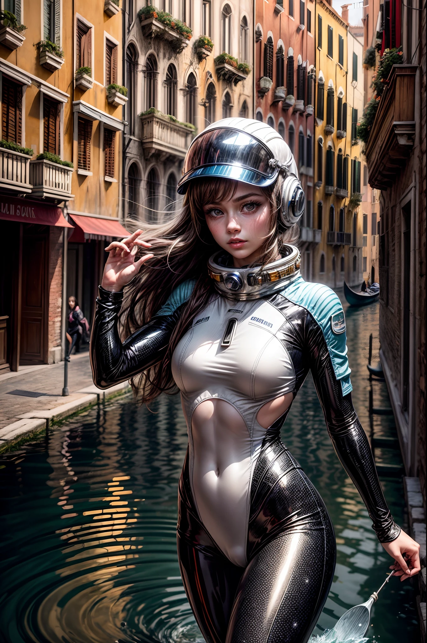 A young girl in a shimmering spacesuit glides gracefully through the ethereal canals of Venice, her reflective helmet mirroring the city's intricate architecture as she navigates through the celestial waters, leaving ripples of stardust in her wake.