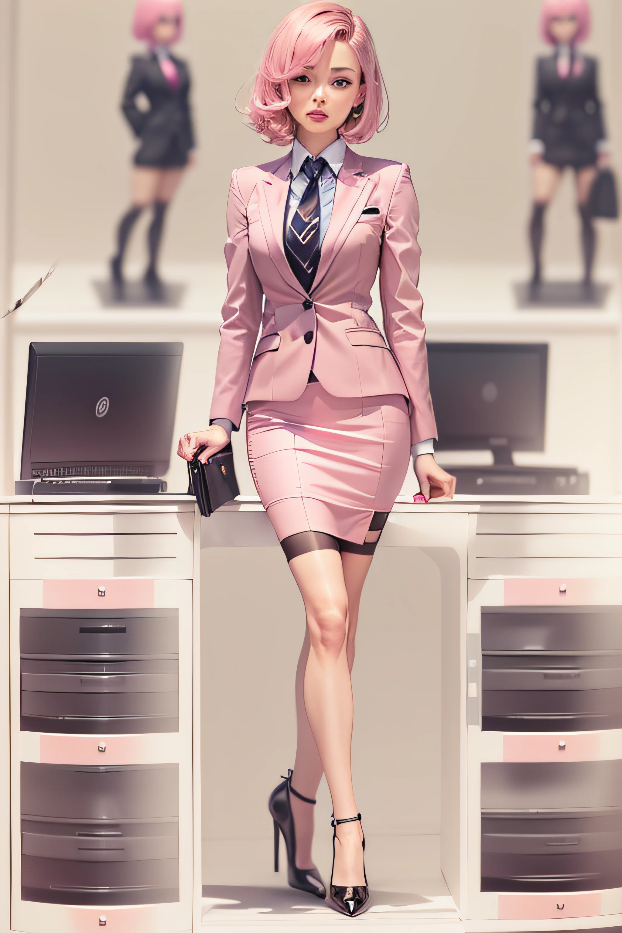 At the office,Female boss,Short colored hair,Pink pupils,skirt suit, (((three-piece suit))), ((dress shirt)), ((necktie)), blazer, suit jacket, waistcoat, bodycon miniskirt, pencil skirt,spread their legs,black lence stockings,Black heels