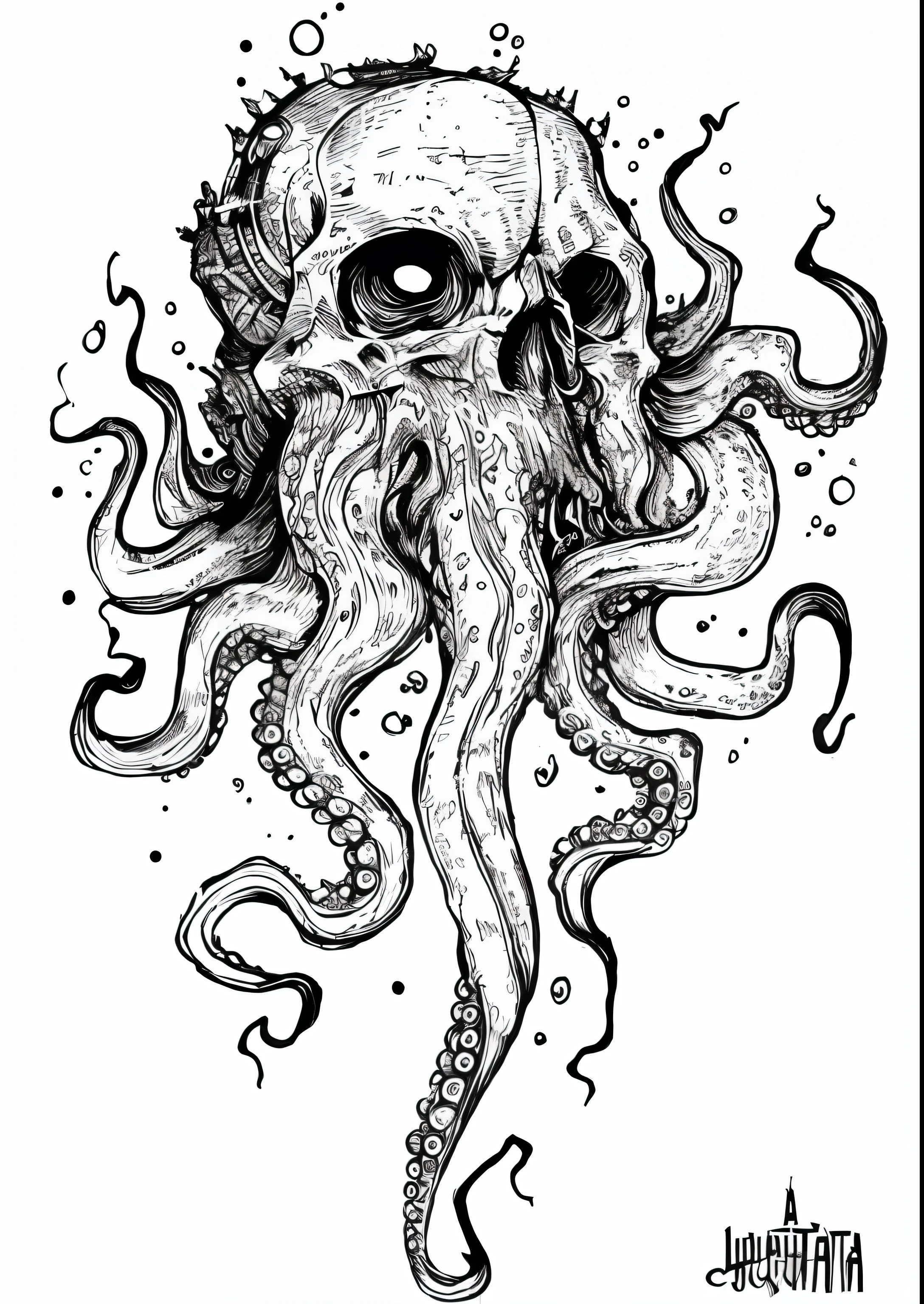 A drawing of an octopus with a skull on its head, Lula de Cthulhu, lovecraft illustration, leviathan cthulhu squid, Criatura marinha lovecraftiana, highly detailed ink illustration, detailed ink illustration, Inspirado em Lovecraft, inspirado em H.P. Lovecraft, Cthulu, Retrato de Cthulu, arte a tinta, subtle lovecraftian vibes, monstro lovecraftiano
