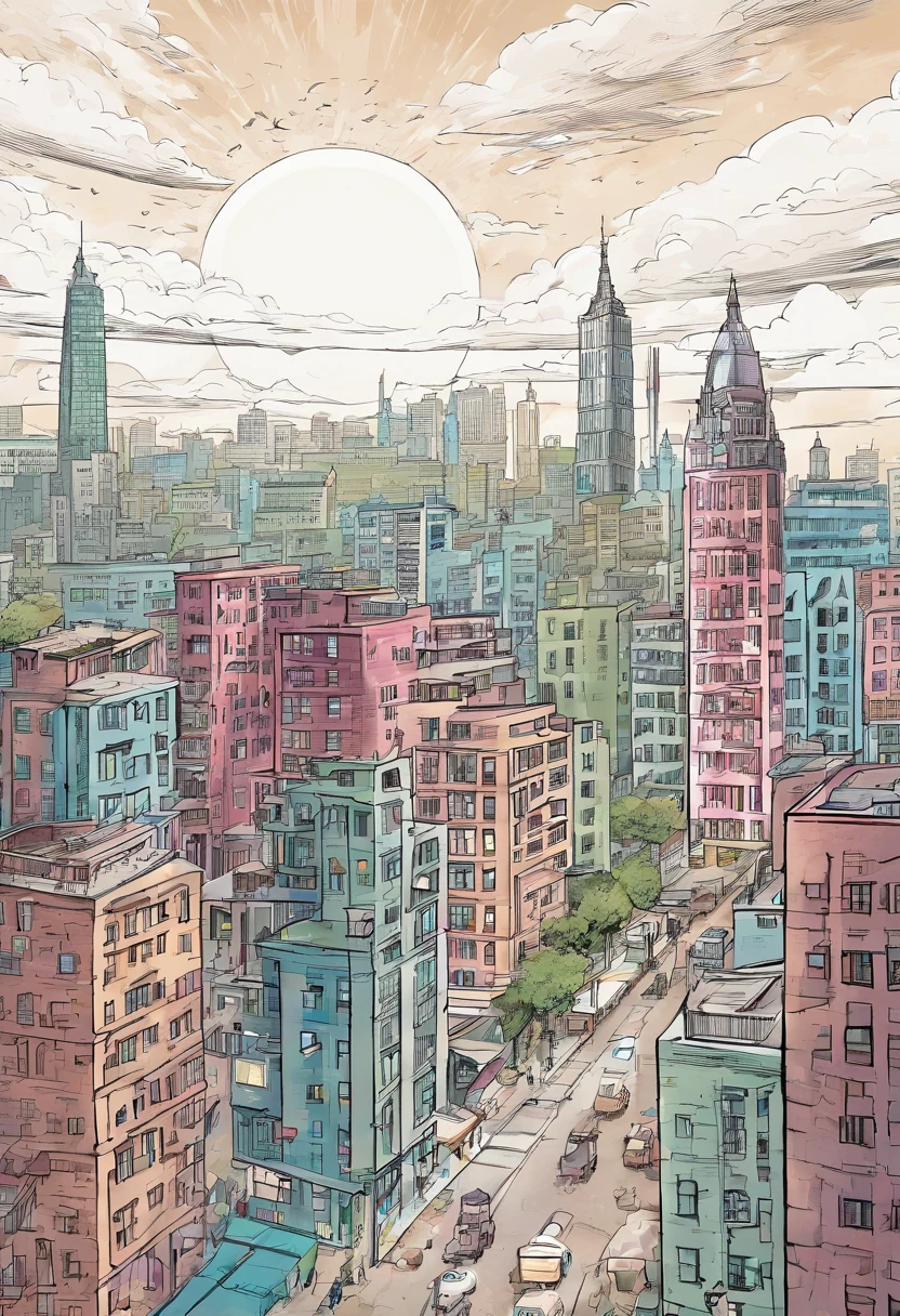 comicbook ink a city view. There are wizard towers, portals and flying creatures in this city. The angle we are looking at has ugly statues in the windows of the most extensive buildings. A huge wizard skyscraper looms in the distance.