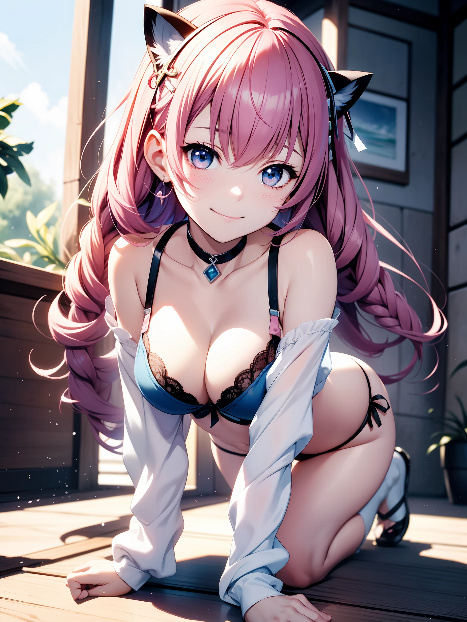 absurdist、Ultra-detailded、A masterpice、beste-Quality、break、Official art、(Beautifully Aesthetic:1.2)、(water colour:Curly)、break、Devilish Beautiful Girl、a beautifulchi girl、(kawaii:⒈3)、yearsold、break、colourful hair、Splash、(Mixed blue and pink hair:1.2)、(フラクタルアート1.3)、break、cat ear、A sexy、break、humanoide、break、white bikini、break、red-eyed、break、From Side、looking the viewer、break、Plush bets、break、shyness、tension、blushful、break、happy smile face、break、Showa gravure、all on fours、behind from、break