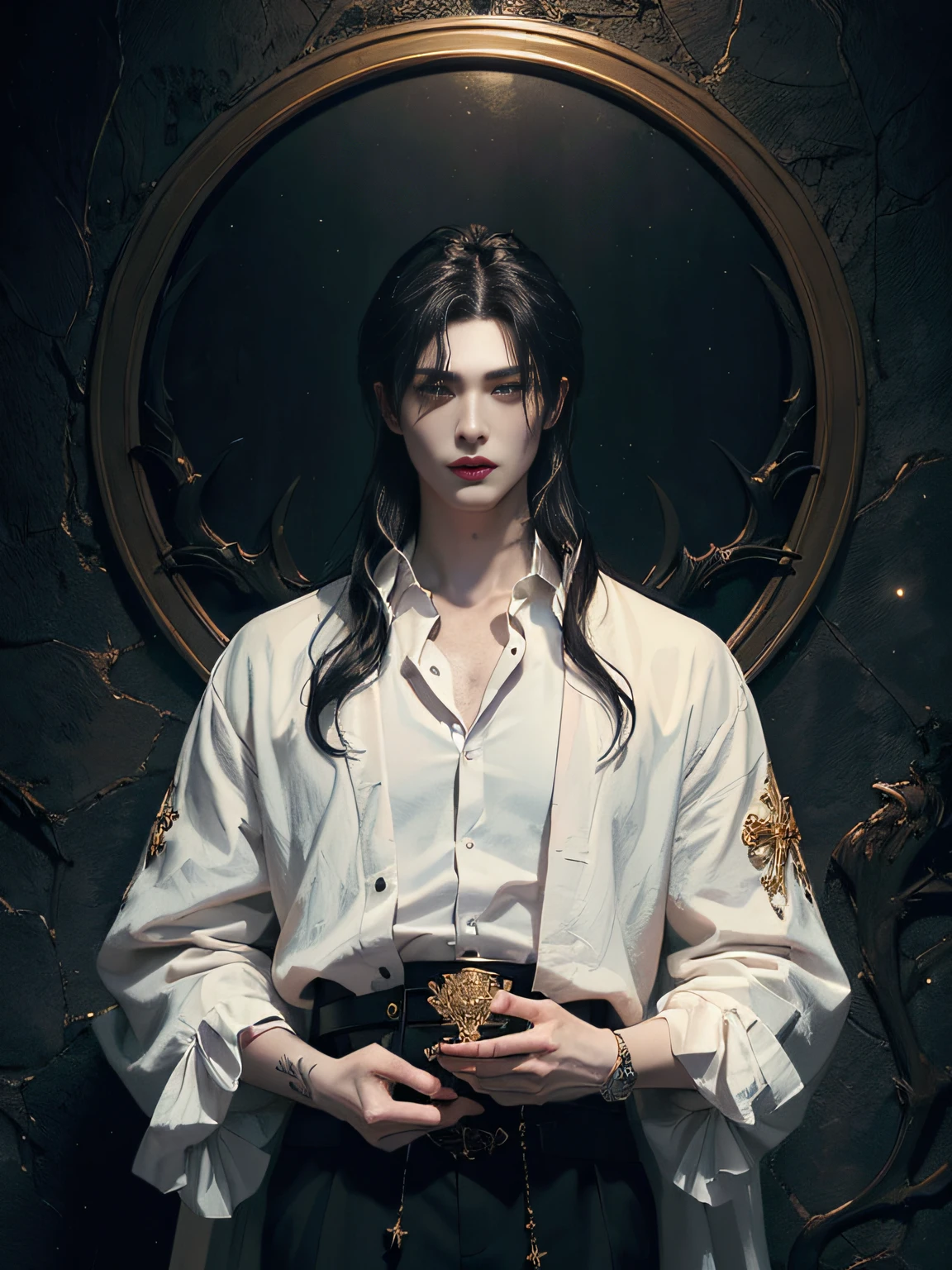 (masterpiece、top-quality、top-quality、Detailed and complex、official art、aesthetically pleasing:1.3)、(1 blackhaired male vampire in:1.3)、(Ahn Jae-hyun look) (realistic art:1.3)、black coat, white shirt, gold accessories, gothic castle background. Moon and stars background