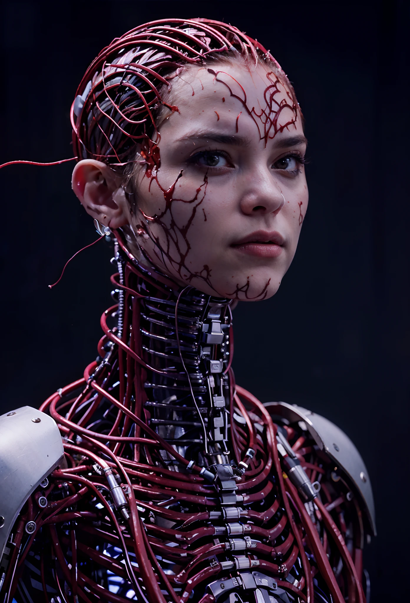 Arafed woman with a red thread and wires on her head, Retrato detalhado de um ciborgue, Retrato de um ciborgue, Quebrado bonito android feminino!, highly detailed cybernetic body, rachado. biomechanical cyborg, Retrato de uma rainha ciborgue, modelo de moda ciborgue, Retrato de um androide feminino, menina ciborgue, mulher ciborgue, ciborgue - menina, Retrato de um ciborgue cyberpunk