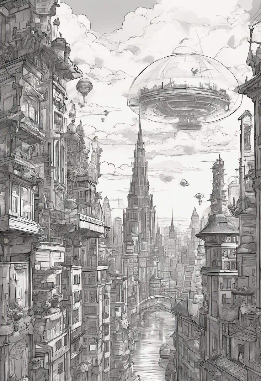 sketch. comicbook ink streampunk Chinese ink style, Steampunk world, musical studio in steampunk spaceship, Suspended in the air of the city, thick clouds, Animation art in ink, Comic ink art, Water ink, ink, stain, 8k, Delicately portrayed, Works by conductors, a city view. There are wizard towers, portals and flying creatures in this city. The angle we are looking at has ugly statues in the windows of the most extensive buildings. A huge wizard skyscraper looms in the distance. a city view. There are wizard towers, portals and flying creatures in this city. The angle we are looking at has ugly statues in the windows of the most extensive buildings. A huge wizard skyscraper looms in the distance.