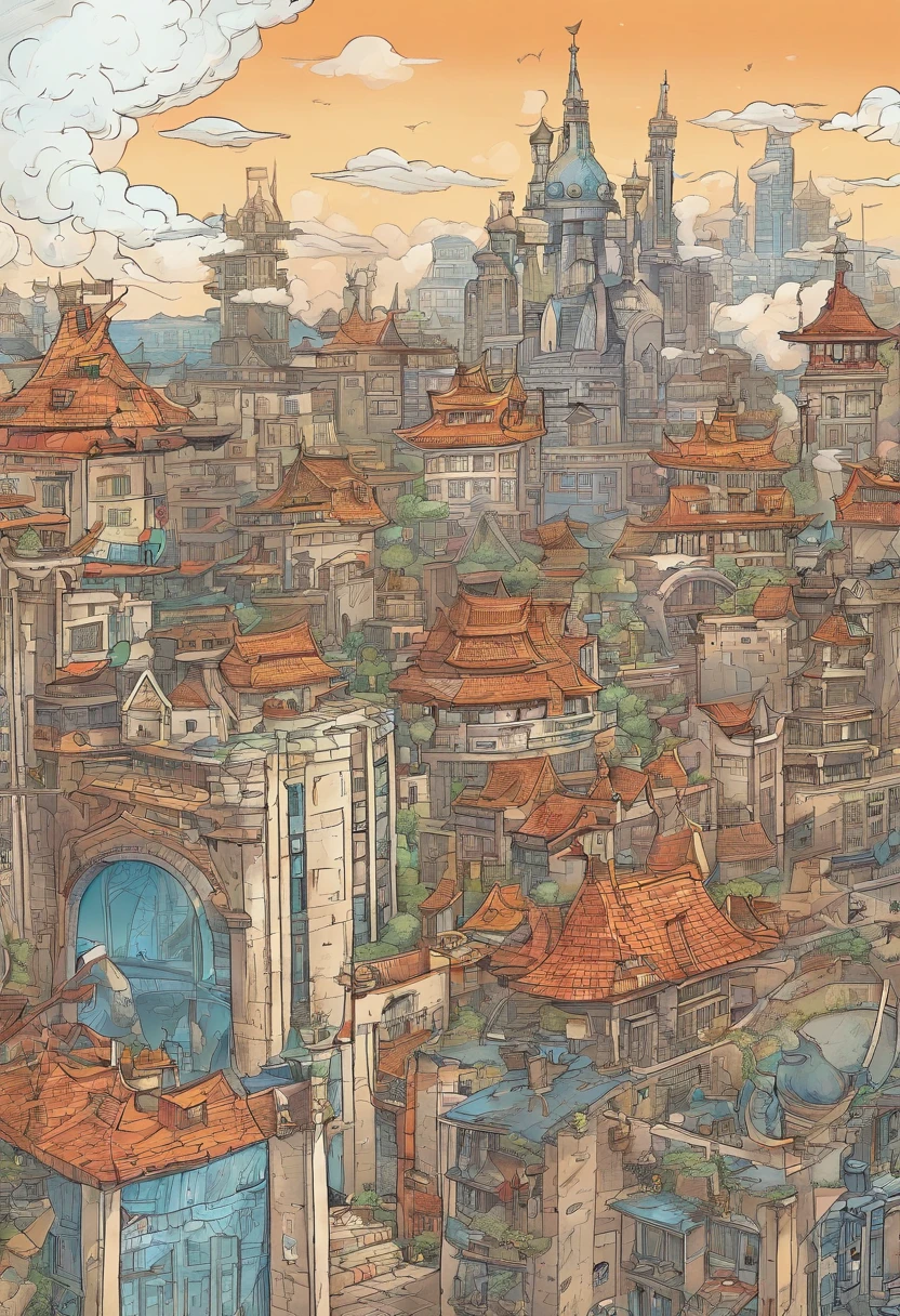 sketch. comicbook ink streampunk Chinese ink style, Steampunk world, musical studio in steampunk spaceship, Suspended in the air of the city, thick clouds, Animation art in ink, Comic ink art, Water ink, ink, stain, 8k, Delicately portrayed, Works by conductors, a city view. There are wizard towers, portals and flying creatures in this city. The angle we are looking at has ugly statues in the windows of the most extensive buildings. A huge wizard skyscraper looms in the distance. a city view. There are wizard towers, portals and flying creatures in this city. The angle we are looking at has ugly statues in the windows of the most extensive buildings. A huge wizard skyscraper looms in the distance.