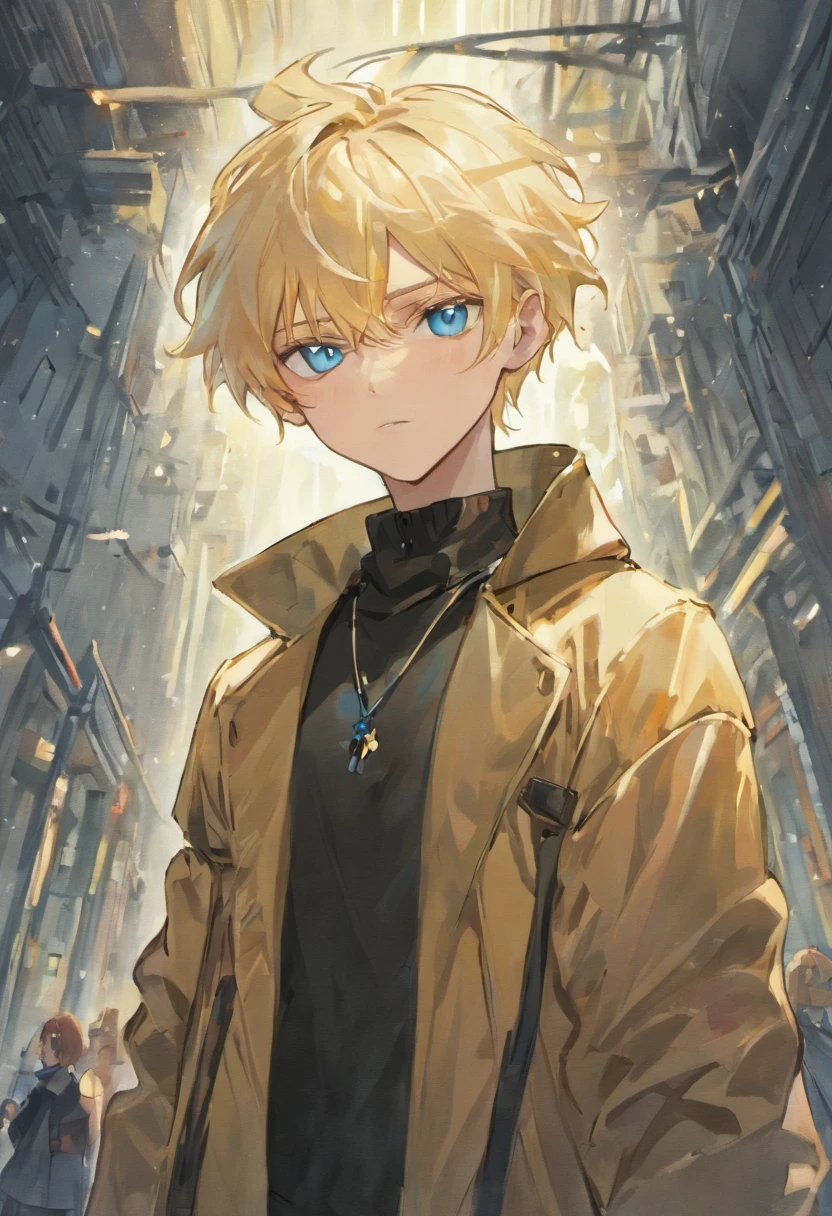 (One Young Male) + (Blue Eyes) + (Blonde Hair) + (Hair Fades on sides and back of Head) + (Styled Hair) + (Slightly Messy Hair) + (Golden Glasses) + (Pale Skin) + (Black Luxurious Turtleneck) + (White Over-Shirt) + (Ankle-Length Trench Coat) + (Black Jeans) + (Black Jordan Shoes) + (Silver Chain Necklace) + (All Black Watch) + (Cool Colors) + (Nature Background)