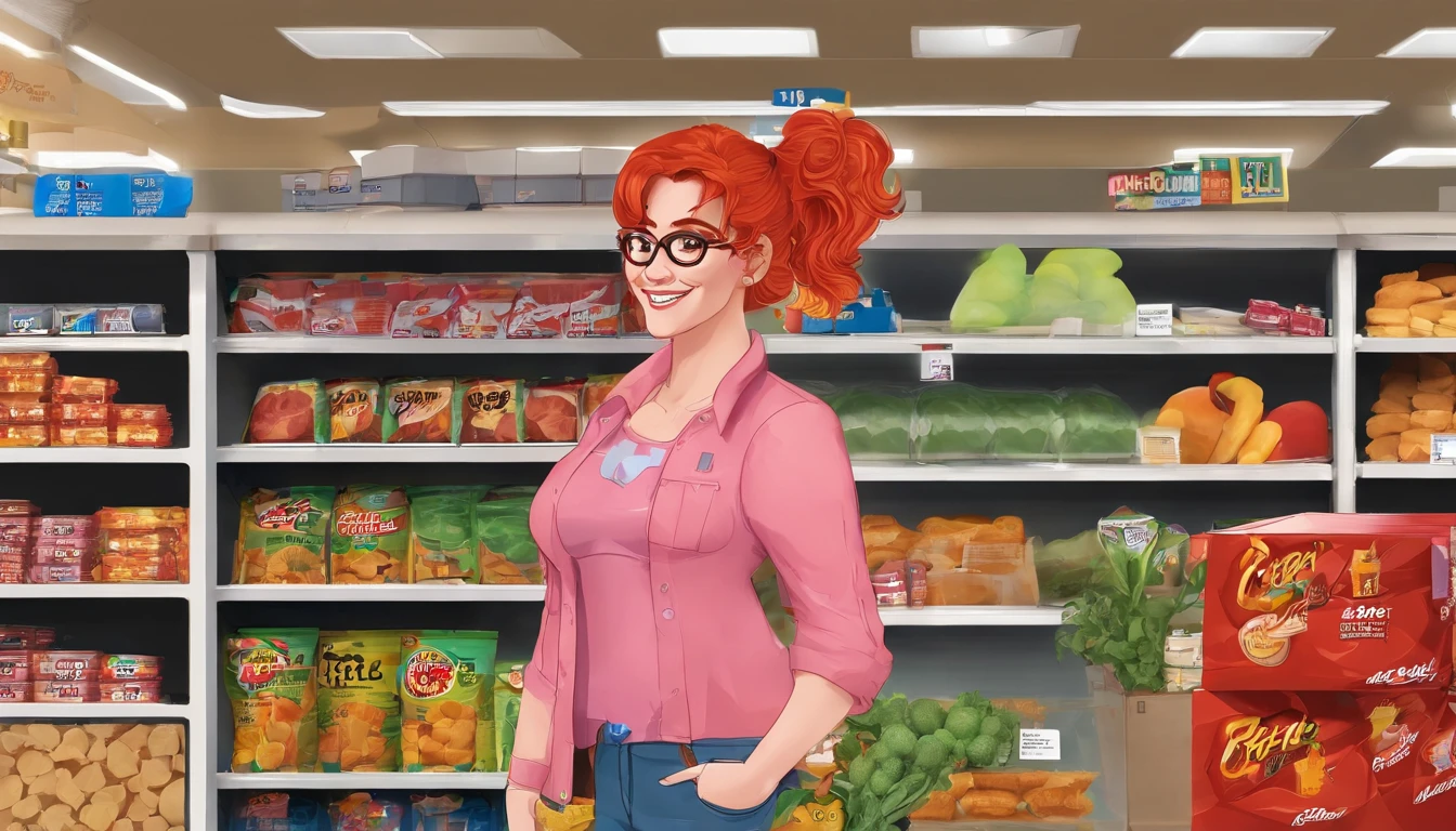 Allison confidently promotes the snacks in the grocery store, wearing a pink crop top, ponytail, blue jeans, and hiking boots. Her vibrant red hair and glasses add to her unique appearance.
Allison, a 24-year-old American from Corpus Christi, Texas, stands out in the grocery store as she showcases the snacks. With her slim, buxom figure, red hair, and glasses, she exudes confidence and charm.
In the grocery store, Allison catches the attention of shoppers with her striking appearance. Wearing a pink crop top, blue jeans, and hiking boots, she confidently promotes the snacks. Her red hair, glasses, and slim, buxom figure make her stand out.