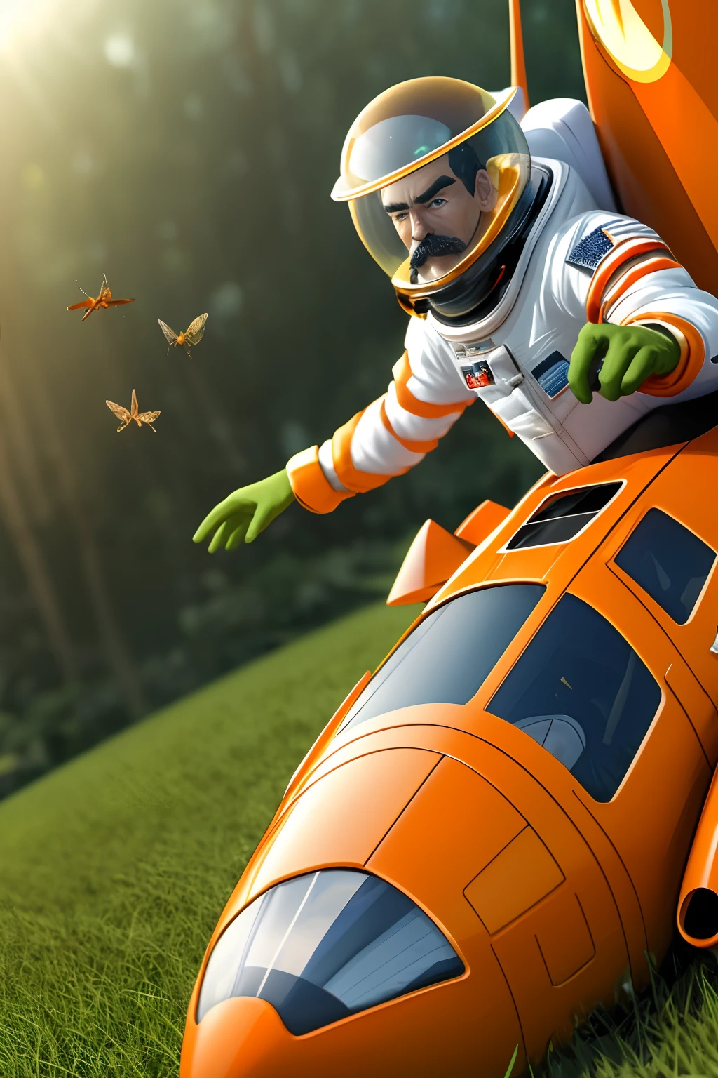 Close-up. 3D cartoon about a guy, Long brown hair, thick mustache, wearing an orange and white spacesuit, Flying on a yellow futuristic low-flying vehicle over the grass in the jungle on an alien planet. Lots of details. Lots of insects. Blurred background in motion. light haze --auto --s2