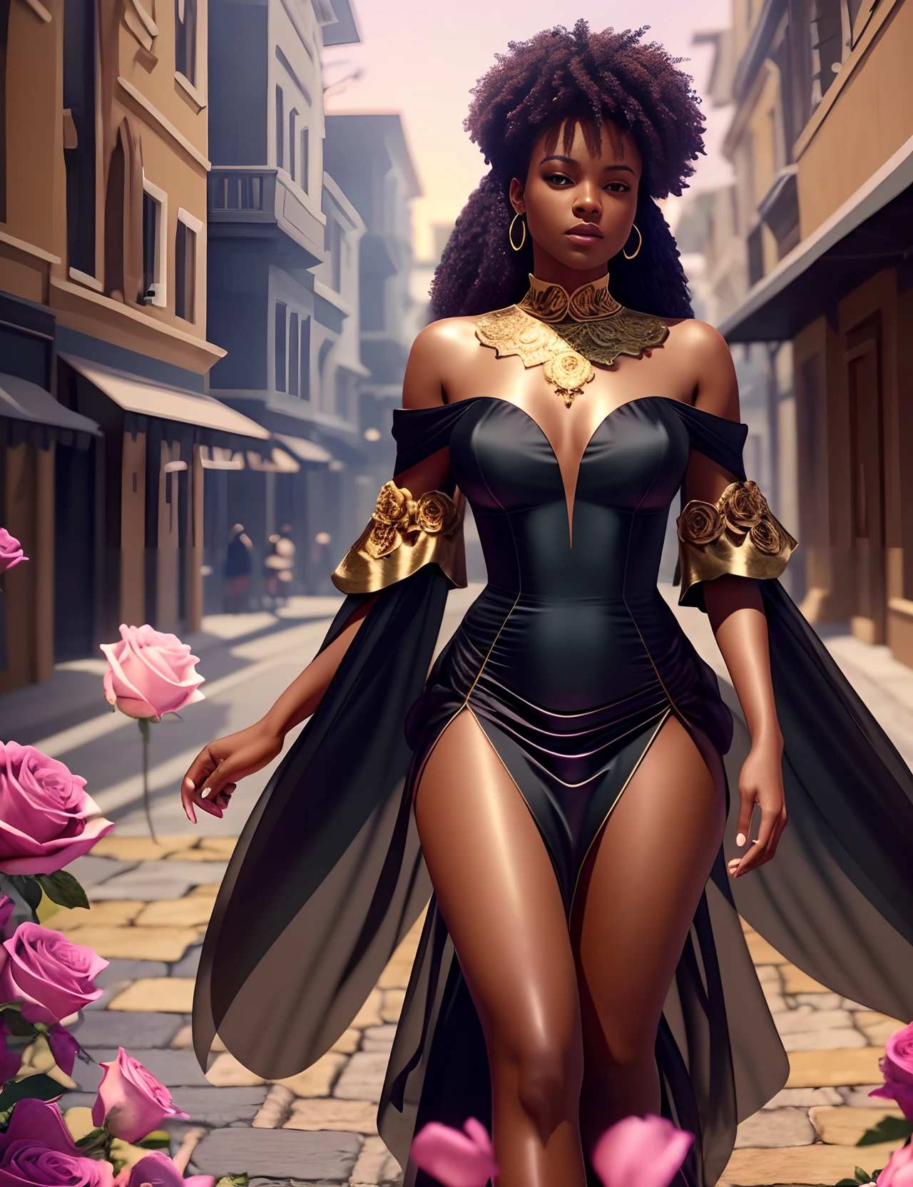 Beautiful black woman dressed in a silk soft dress walking in a rose golden heaven, with iridescent light, highly detailed images, vibrant beautiful colours, photorealistic image, 32k, ultra HD, unreal engine rendered, cinematic lighting, artgerm style, --auto --s2