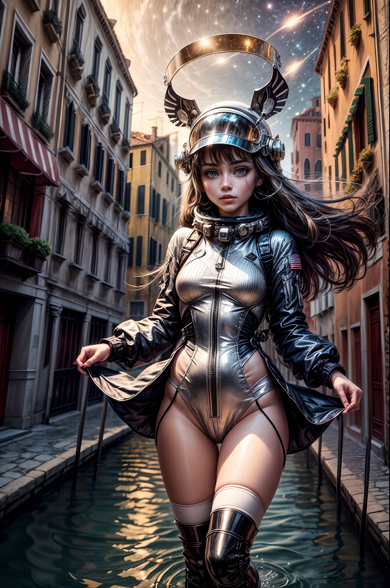 A young girl in a shimmering spacesuit glides gracefully through the ethereal canals of Venice, her reflective helmet mirroring the city's intricate architecture as she navigates through the celestial waters, leaving ripples of stardust in her wake.