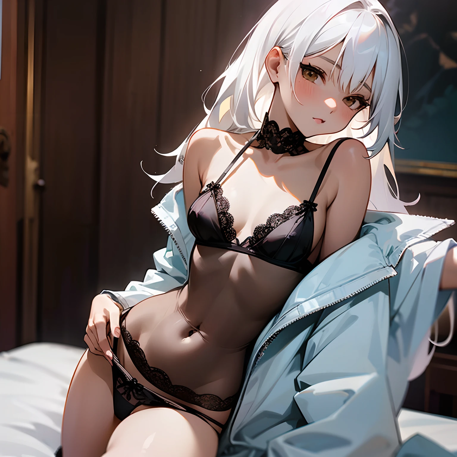 anime woman in a lewd outfit, panty shot, tiny bra, lingerie, lacy, black lingerie, white hair, brown eyes, in love