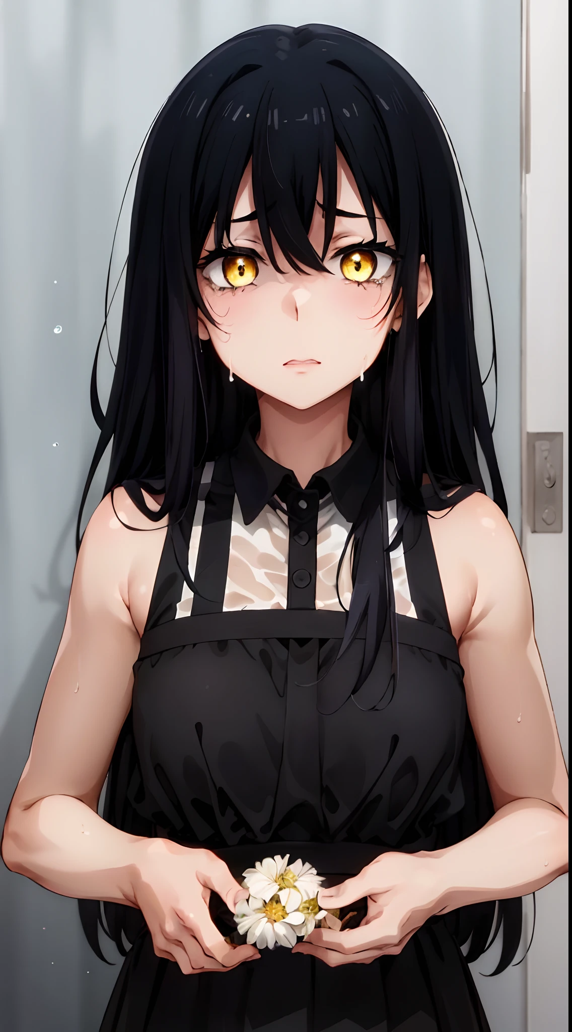 (mieruko:1.3), 1girl, scared, tears, sweat drips, yellow detailed eyes, long black hair, big eyes, (open mouth:0.1), detailed pupils, hdr shadows, (elegant clothes, sleeveless), ((upper body)).