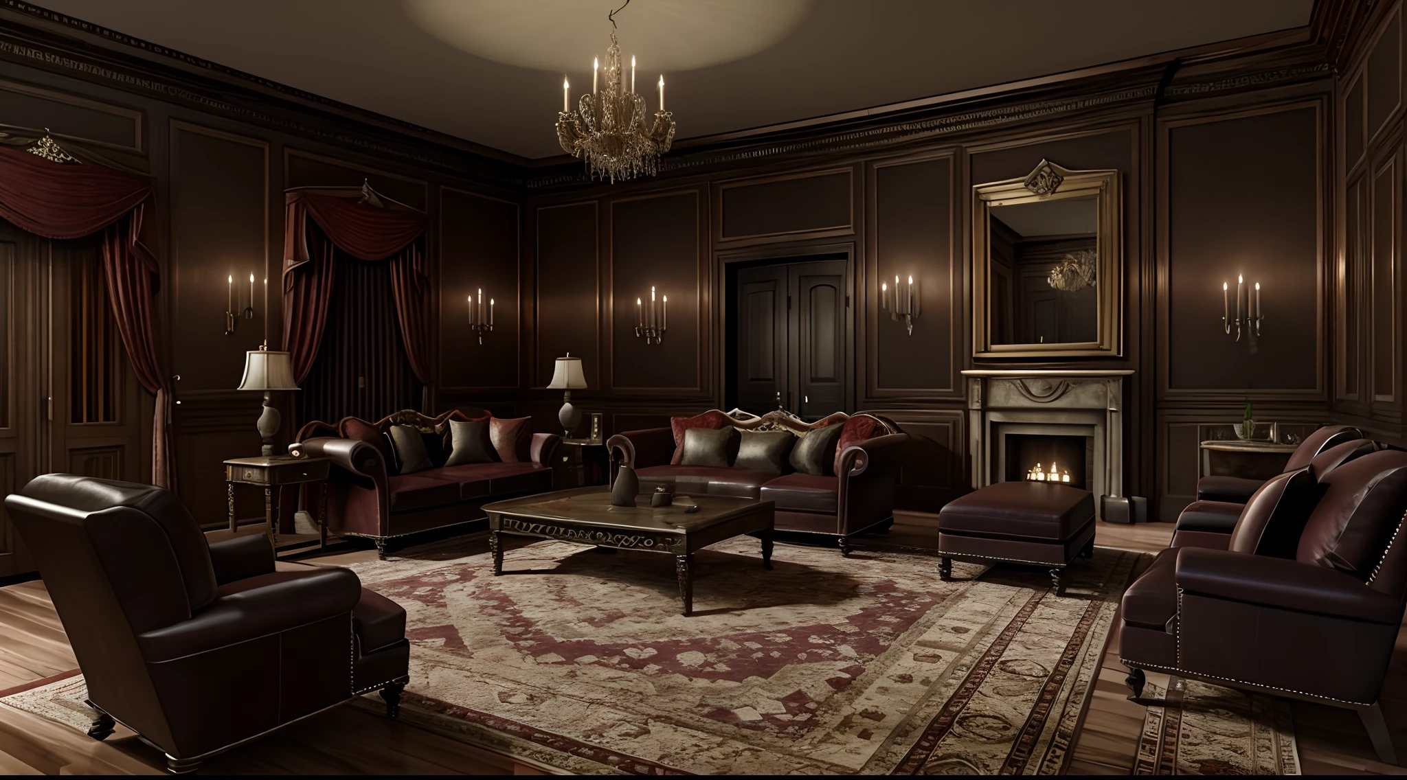 Photorealistic realism, final render, resident evil mansion old haunted spencer mansion living room dark darkness night scary candle lit