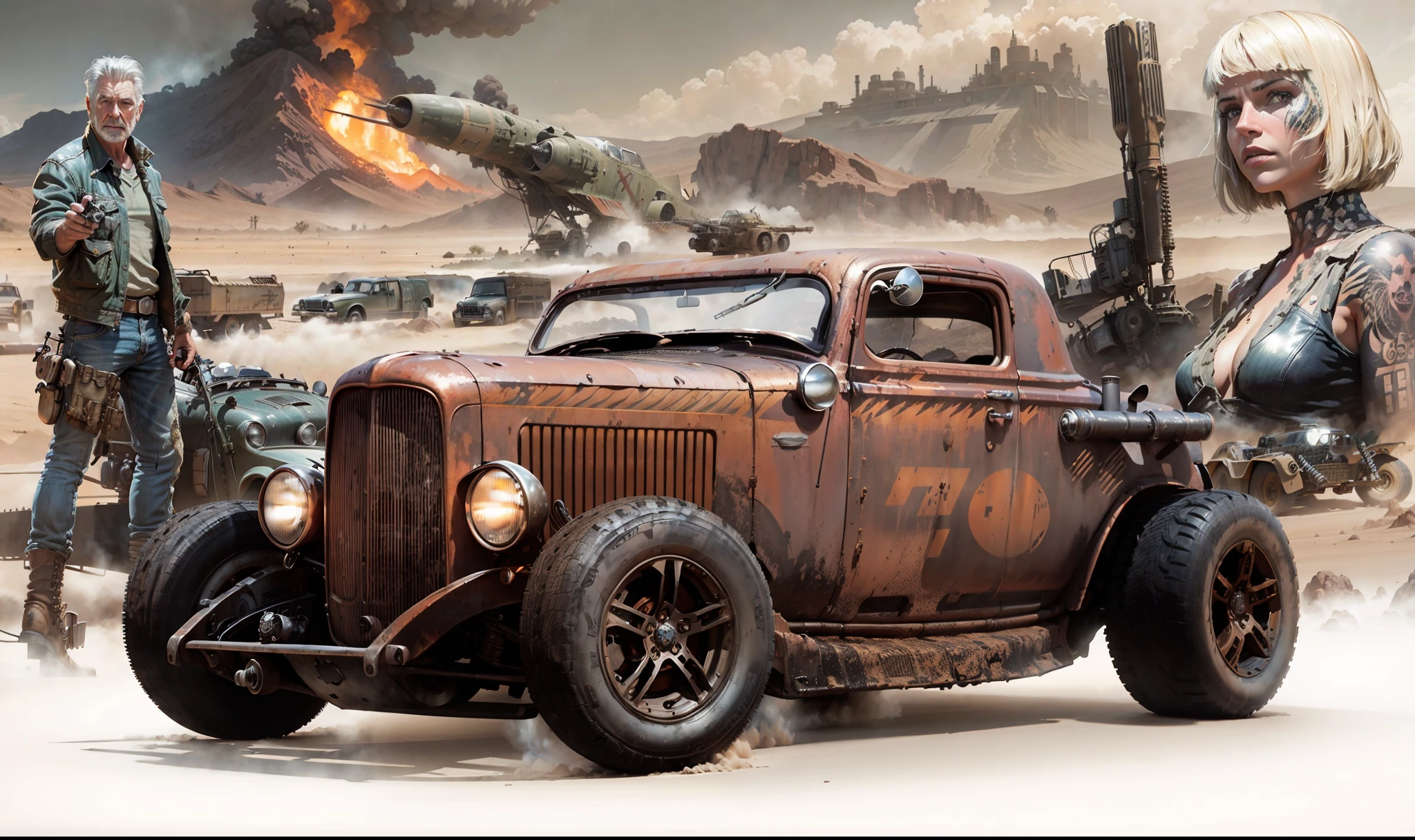 A Grunge Ford 1932 Hot Rod heavily armed with missiles and machine guns in the foreground and Harrison Ford and a beautiful woman in Blade Runner style behind and in the background a Stars Wars-style war machine and in the background a desert setting with abandoned vehicles and a volcano spewing lava