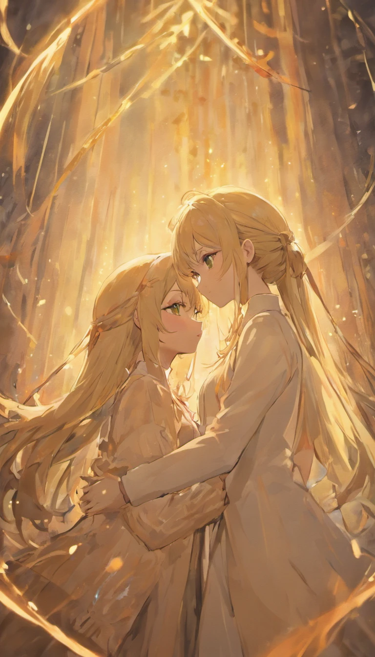 2girls, one blonde, one brunette, In a softly lit setting, they embrace tightly. Their faces are tucked into each other's shoulders, conveying silent comfort and understanding amidst the surrounding quiet.
