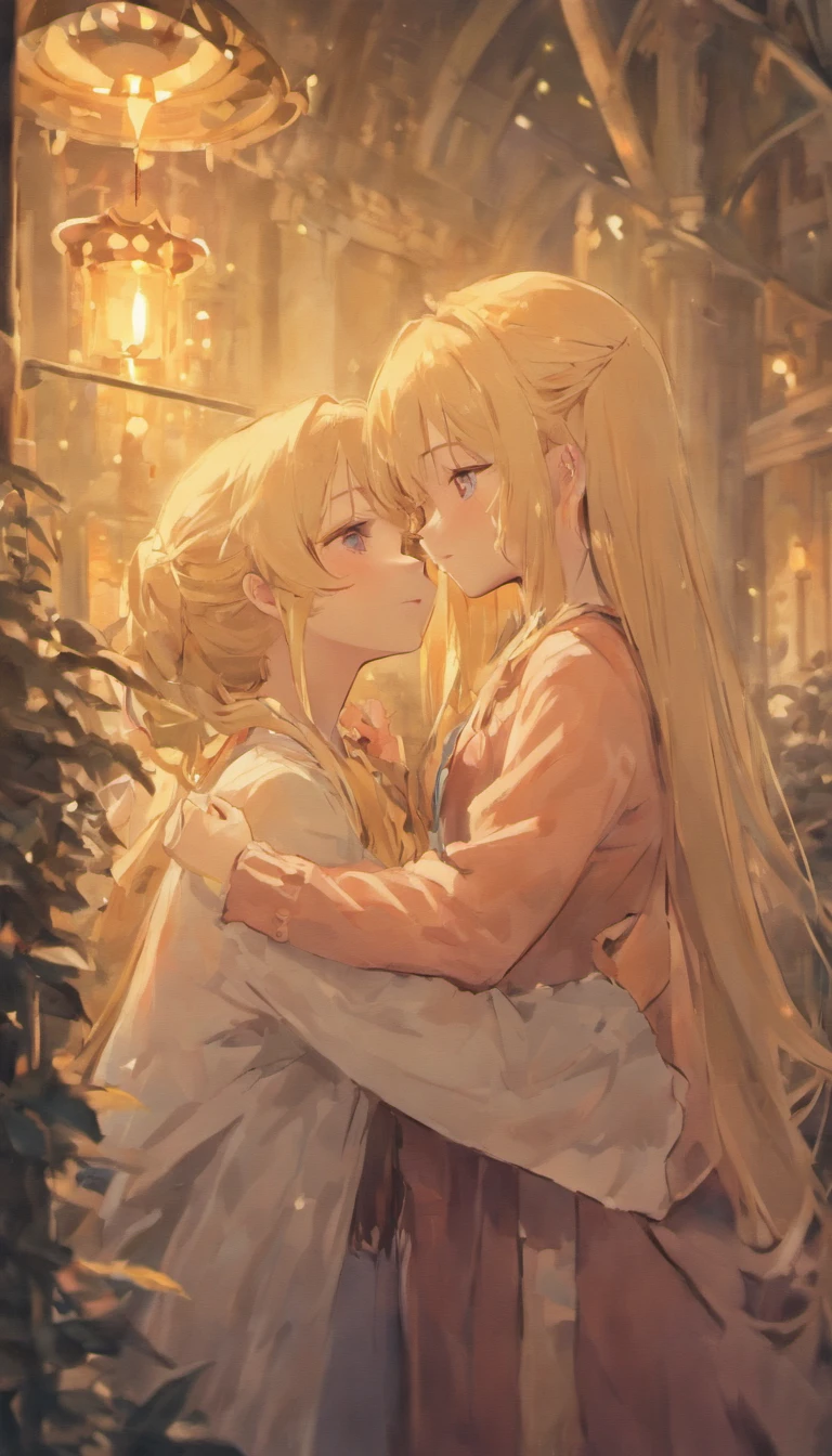 2girls, one blonde, one brunette, In a softly lit setting, they embrace tightly. Their faces are tucked into each other's shoulders, conveying silent comfort and understanding amidst the surrounding quiet.