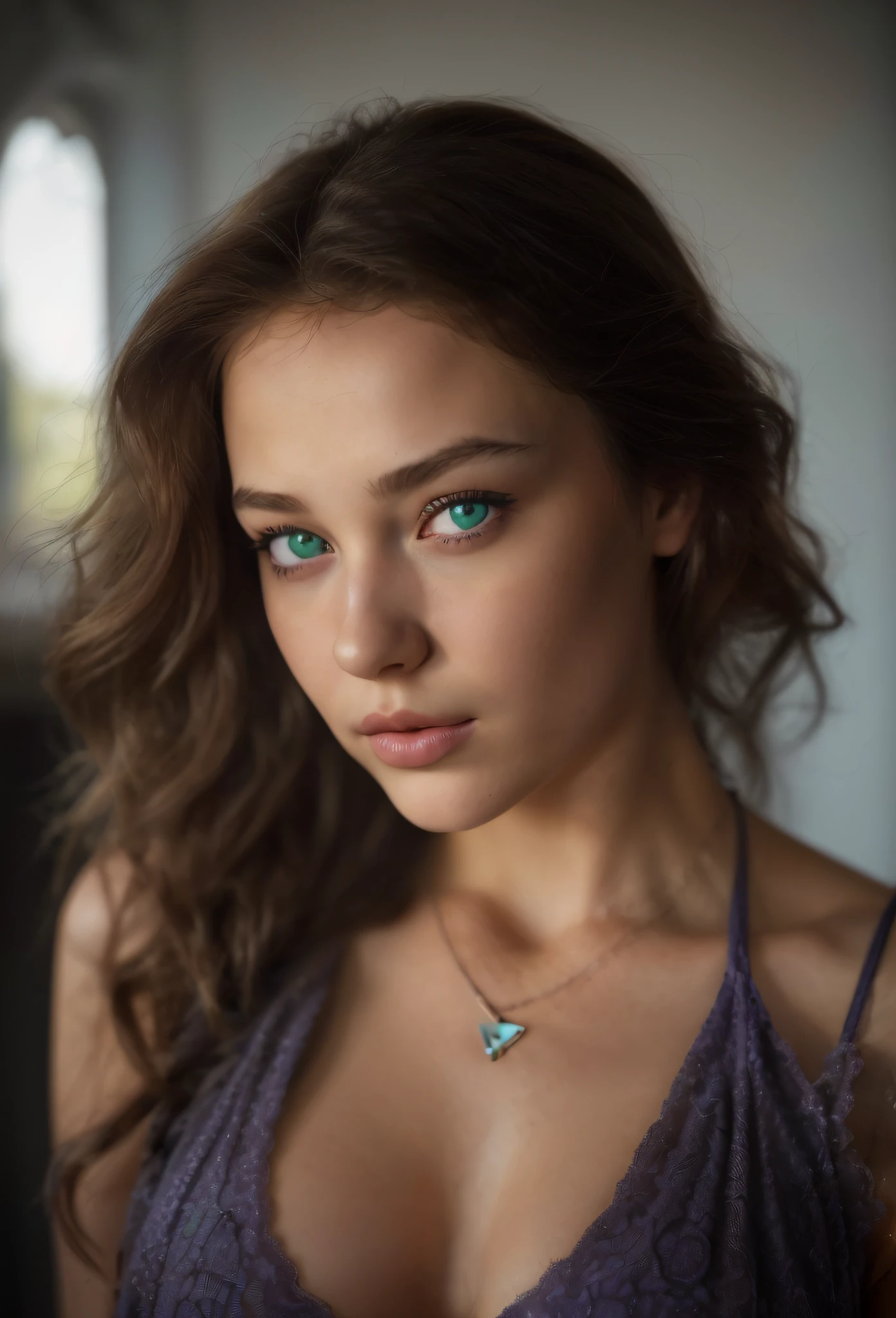 Arafed woman with a white tank top and necklace, fille sexy aux yeux bleu, Portrait Sophie Mudd, cheveux bruns claire et grands yeux, selfie of a young woman, Yeux de chambre, Violet Myers, sans maquillage, maquillage naturel, looking straight at camera, Visage avec Artgram, Maquillage subtil, Superbe photo du corps entier, piercing green eyes, Bel angle, pose attrayante, fille mignonne, sexy pose, Image du corps entier, corps entier, Prise de vue du corps entier, brunette goddess, High detail, pose satisfaite, Pantalon en cuir