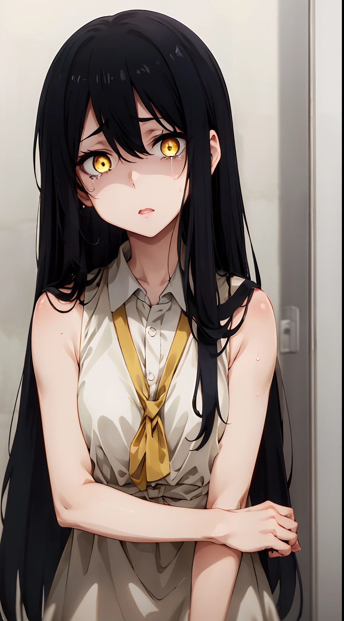 (mieruko:1.3), 1girl, scared, tears, sweat drips, yellow detailed eyes, long black hair, big eyes, (open mouth:0.1), detailed pupils, hdr shadows, (elegant clothes, sleeveless), ((upper body)).