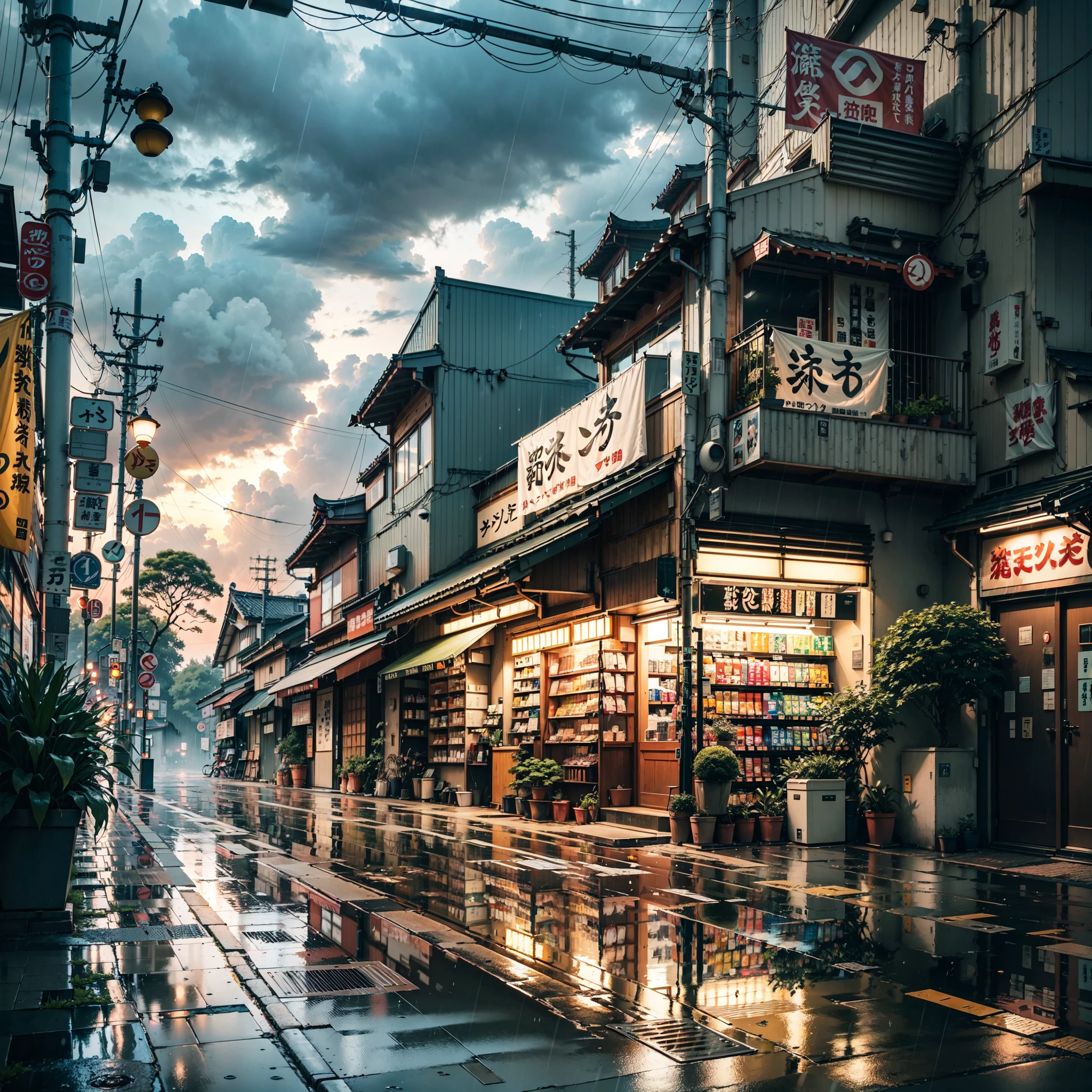 anime background, anime wallpaper, anime, anime style, lofi, lofi style, modern japanese street, modern japanese architecture, japanese convenience store, big retro japanese shop signs, retro japanese store, trees, plants, rocks, plant pots, shop signs, japanese banners, japanese signs, flags, sunrise, rain, raining, heavy rain, dramatic weather, puddles on the floor, rain falling from the sky, rain drops, empty street, no one in sight, (no one: 1), best quality, urban tokyo, compact, urban,