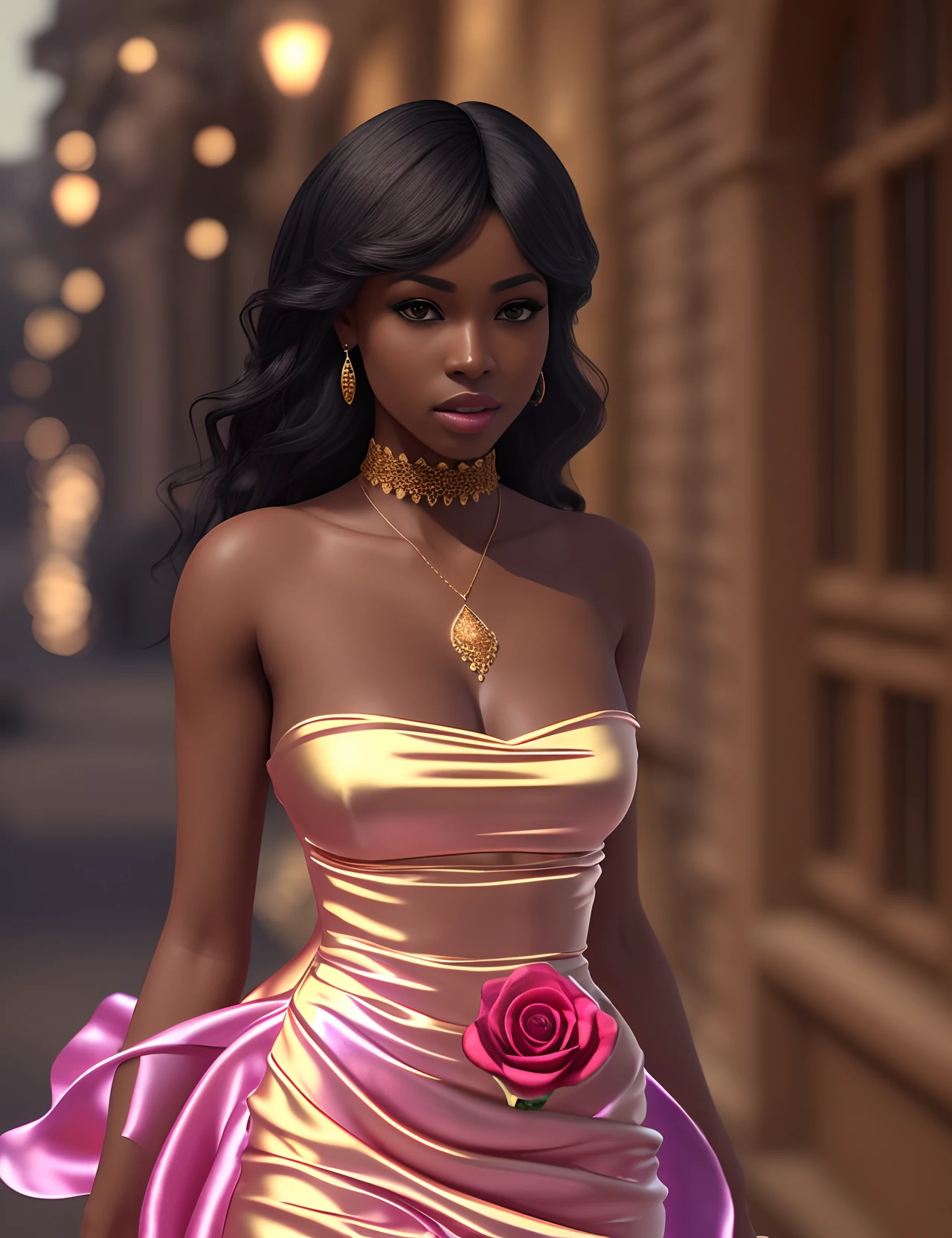 Beautiful black woman dressed in a silk soft dress walking in a rose golden heaven, with iridescent light, highly detailed images, vibrant beautiful colours, photorealistic image, 32k, ultra HD, unreal engine rendered, cinematic lighting, artgerm style, --auto --s2