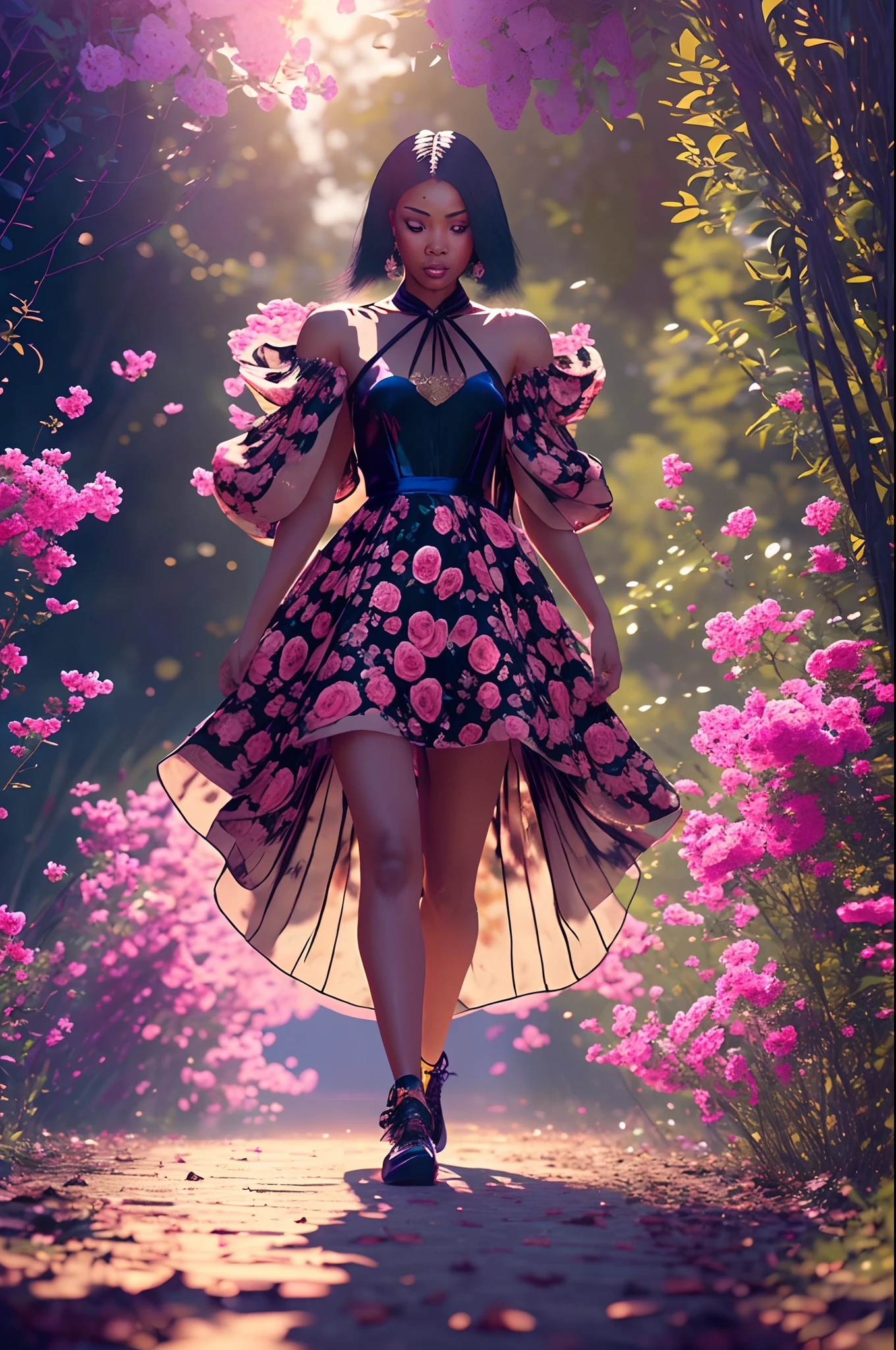 Beautiful black woman dressed in a silk soft dress walking in a rose golden heaven, with iridescent light, highly detailed images, vibrant beautiful colours, photorealistic image, 32k, ultra HD, unreal engine rendered, cinematic lighting, art by Bella kotak, artgerm style, deviantart --auto --s2