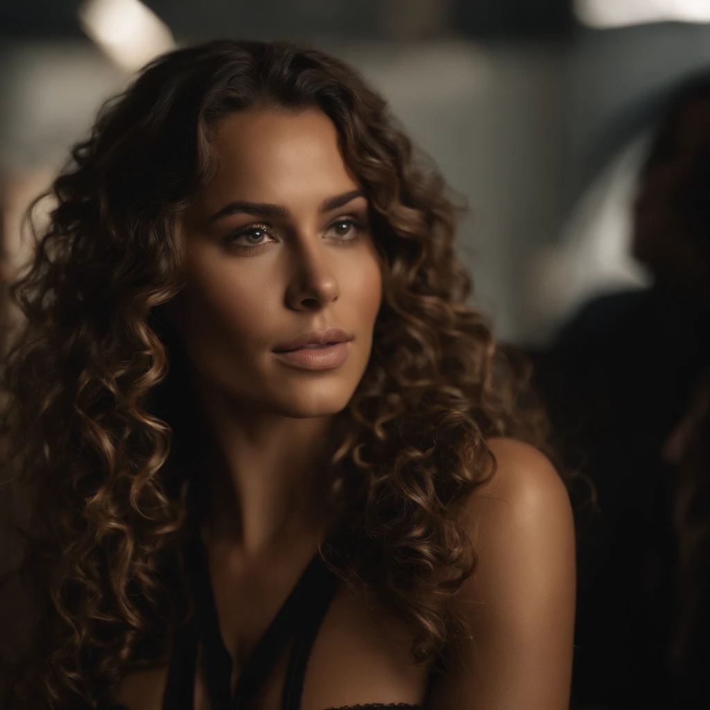 23-year-old woman with untanned skin and leather outfit, (Seductive look and long curly hair, volumineux et expression heureuse dans une pose normale, dans une entreprise ), corps entier entier, tenu en costume , peau et bronzage parfaits, Insolation, Ombrage faible, golden skin( Realstic, vibrierend, Sensuel, Foyer, tranchant) (chef), boucles brunes, sexy