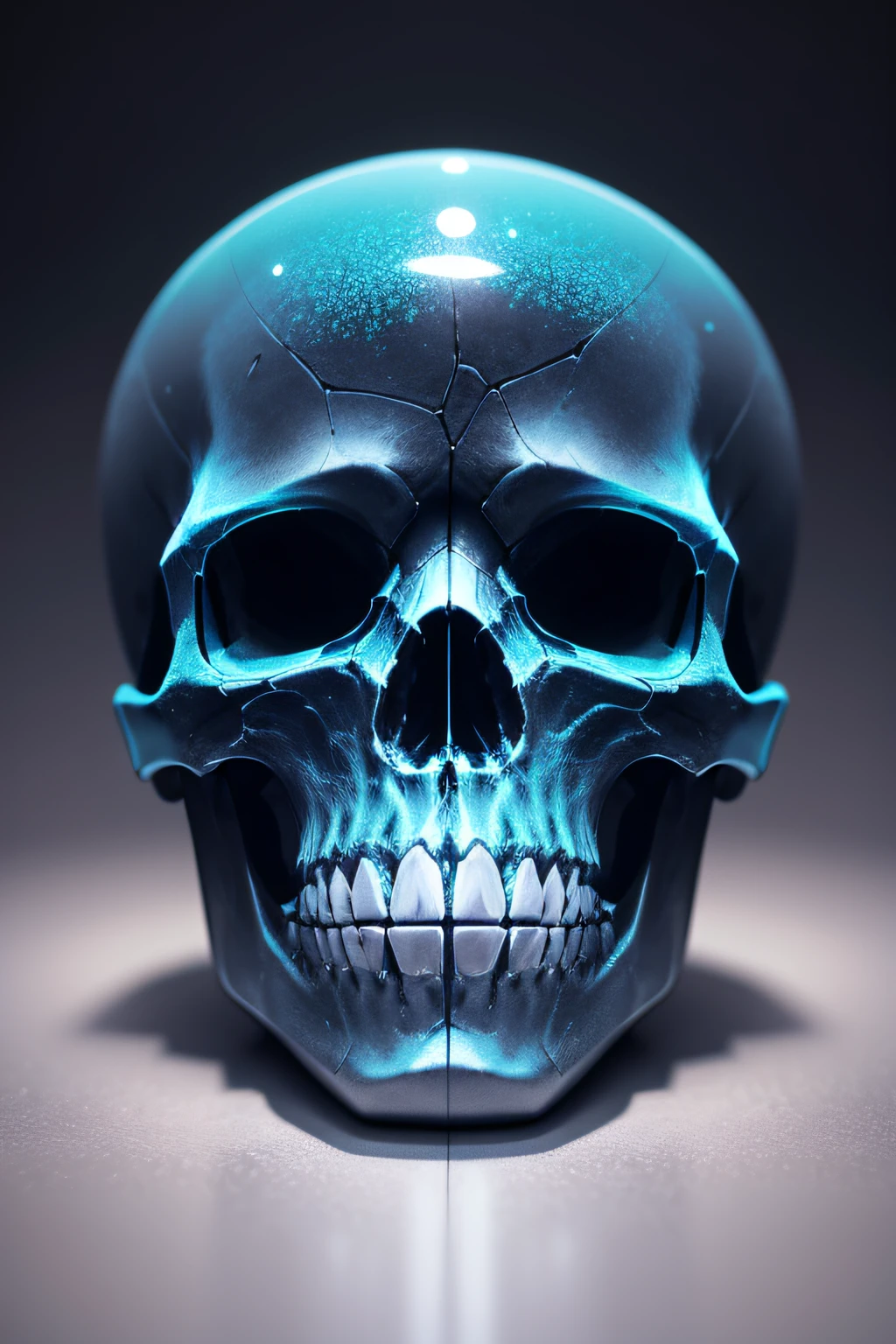 A magnificent alien skull in glass in multiple colors, very textured and full of details