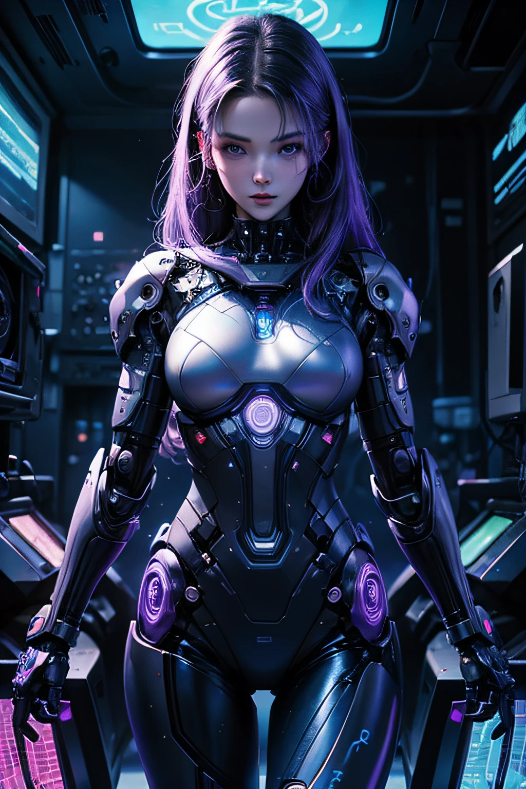 Girl Computer , Beautiful appearance , higly detailed , Lots of wires and robotic parts, Matrix Effect, Space Distortion, purple color, Blue . neonlight.