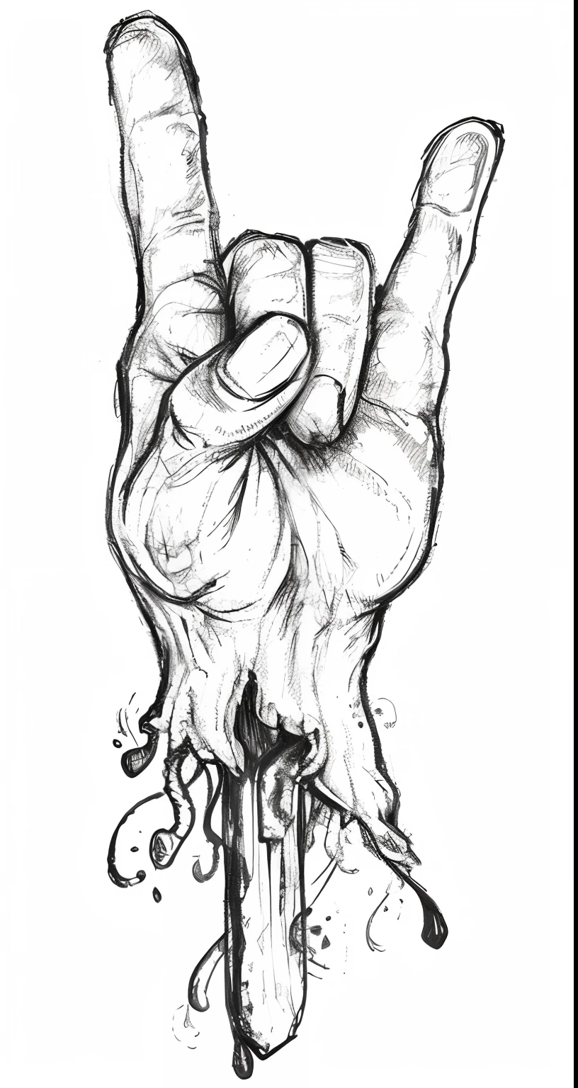 A drawing of a hand holding a knife with one finger up, desenho com tinta, hand drawn illustration, hand drawing, dedos retorcidos, sketch illustration, Alex Pardee, dedos longos, middle finger, perfectly drawn hands, hand draw, hand of fear, closeup estilo gesto pesado, design de tatuagem conceitual, Directed by: Robert Maguire, detalhado, but rough, high detail of a hand