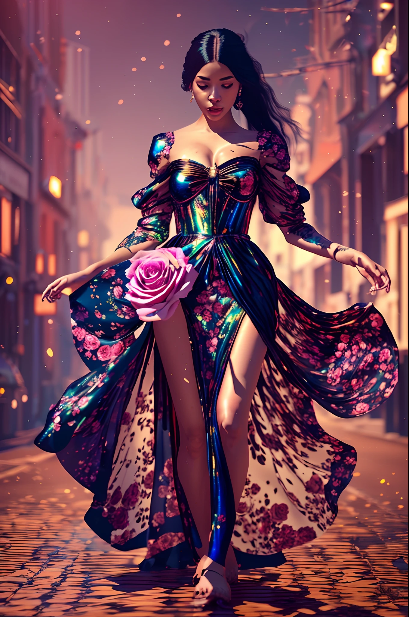 Beautiful black woman dressed in a silk soft dress walking in a rose golden heaven, with iridescent light, highly detailed images, vibrant beautiful colours, photorealistic image, 32k, ultra HD, unreal engine rendered, cinematic lighting, art by Bella kotak, artgerm style, deviantart --auto --s2