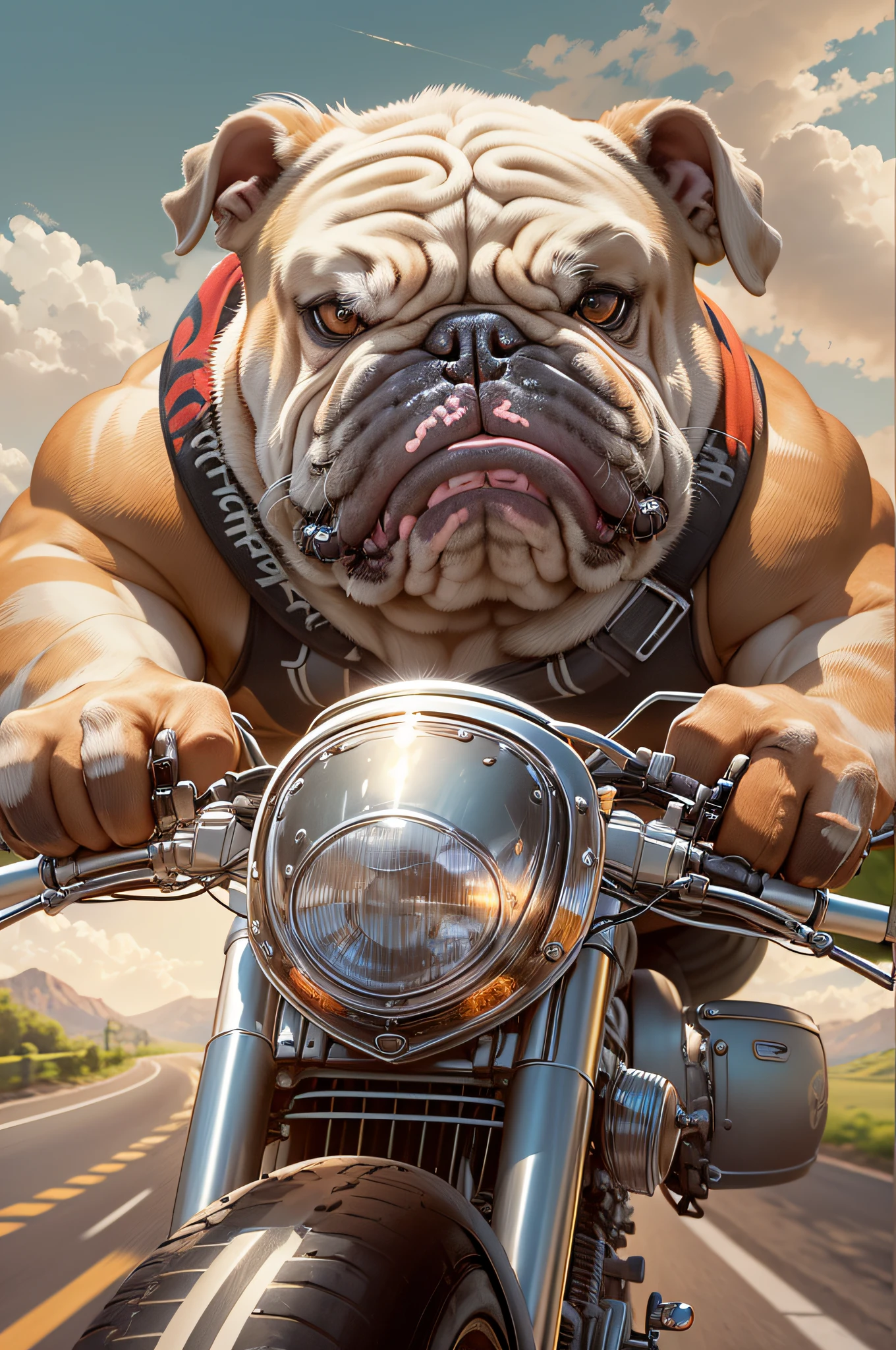 Imagine a robust, muscular bulldog with a determined, focused expression. He's wearing a motorcycle helmet with goggles, and maybe a scarf blowing in the wind. He is mounted on a large, powerful motorbike, with his front paws on the handlebars and his back paws firmly planted on the footrests. The surrounding scenery is an open road, with the wind blowing and the sun shining. As he speeds down the road, the bulldog's ears flutter in the wind, and he appears to be in complete control, dominating the road in front of him.