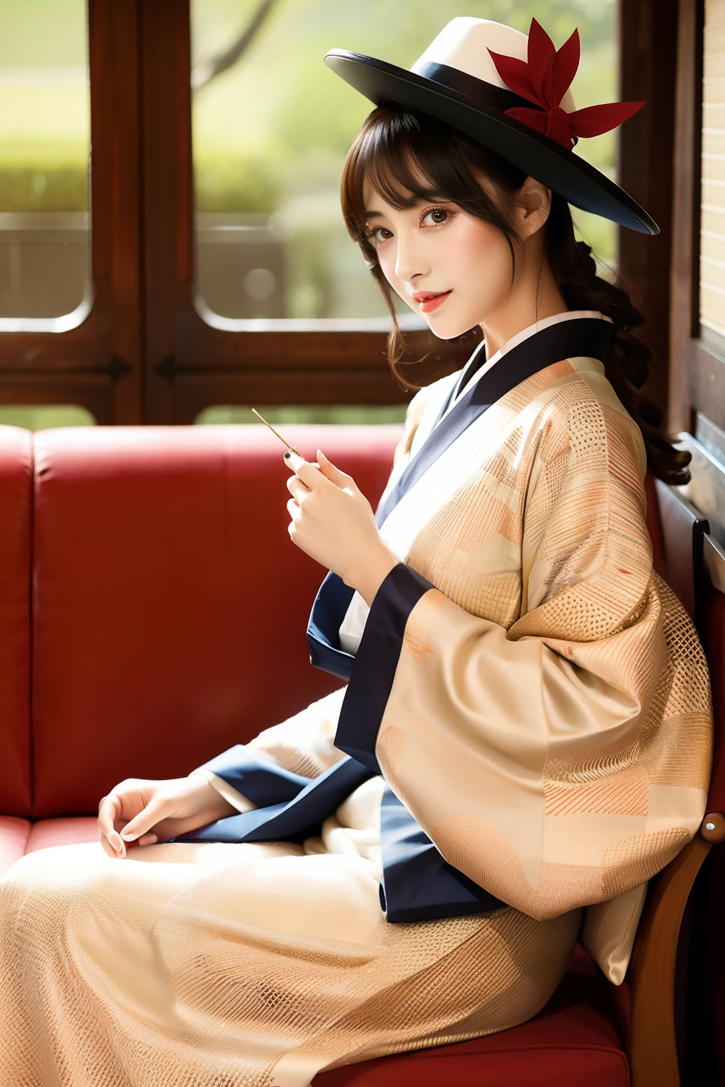 Taisho Era、Retro、modern girl、Hats、sofas、The upper part of the body、Beautuful Women、kimono、japanes