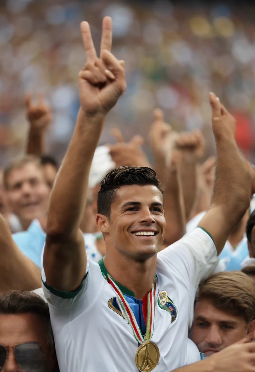 Soccer player with peace sign in front of a crowd, caio santos, Ronaldo Luis Nazario da Lima, luis melo, Ronaldo Luis Nazario de Lima, danilo torres, Manuel Sanjulianblue, Mohamed Reda, Duncan Fegredo, icaro carvalho, Edon Guraziu, Pablo Perdomo, Joel Torres