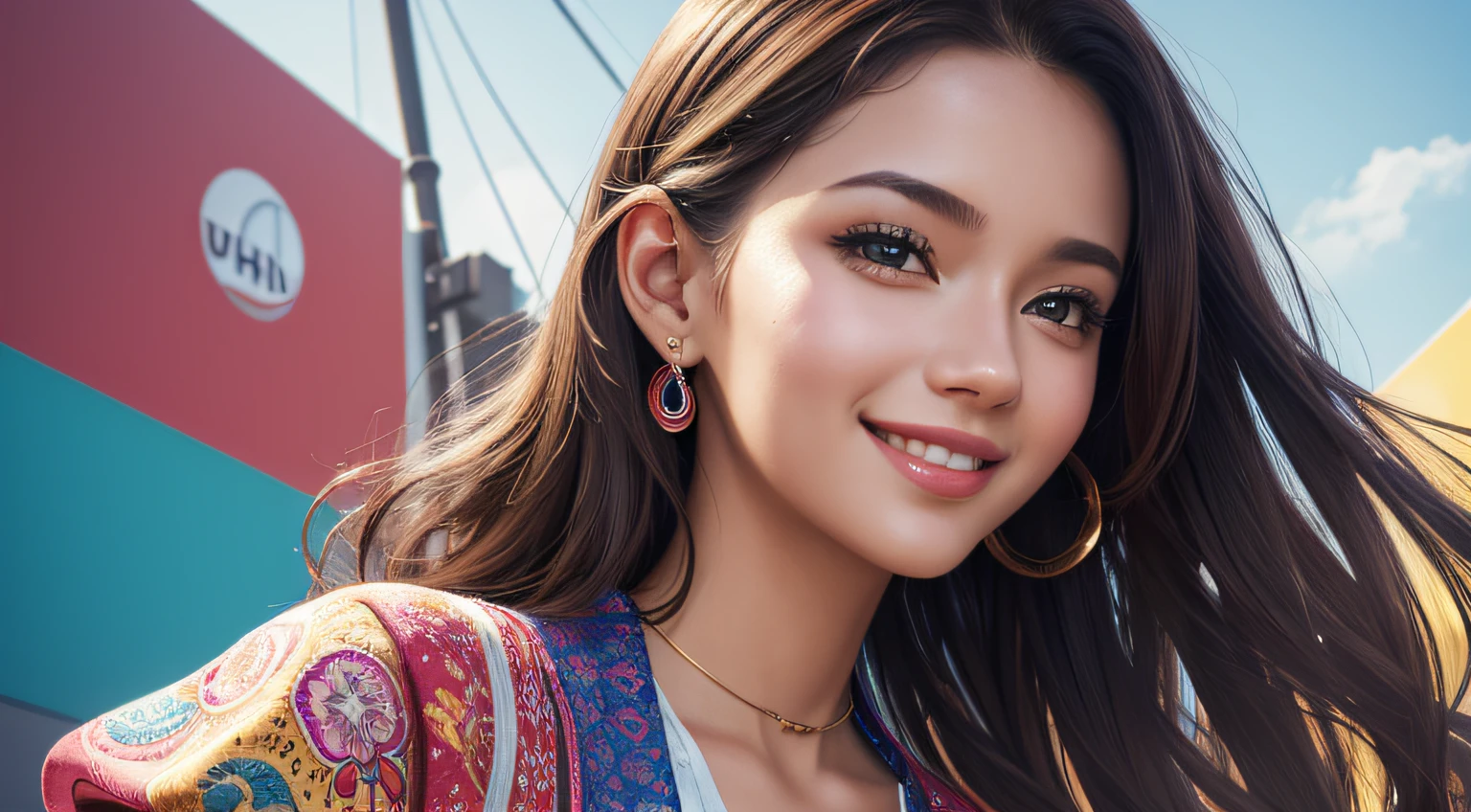 AN INTERESTING YOUNG WOMAN, SMILING, WEARING DIFFERENT, VERY COLORFUL CLOTHES ((masterpiece)), ((best quality))), ((ultra-detailed)), UHD, 8K, ((high resolution))), ((illustration)), ((realistic)),
