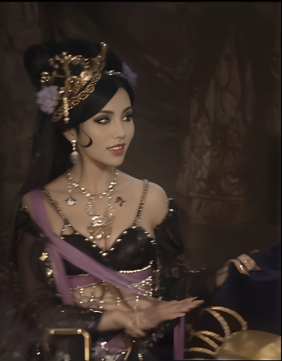 Enchanting witch succubus,Big chest, Slim waist,cropped shoulders,Green waist,Bare chest,heavy makeups,Extra-long nails,Wearing a belly dancing bikini,Enchanting and seductive,The expression is flattering,There are purple streamers on the body,Seduce men。
