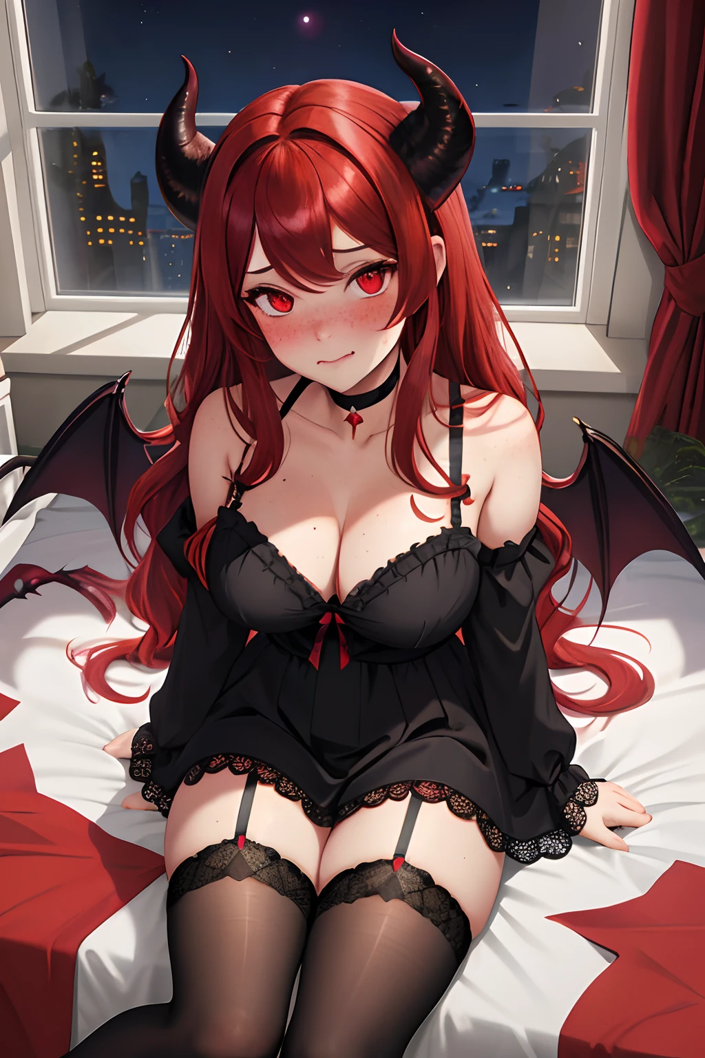 (masterpiece, best quality, absurdres), 1girl, red hair, red eyes, medium wavy hair, swept bangs, huge breasts, freckles, curvy, demon girl, demon horns, demon tail, demon wings, glowing, glowing eyes, full-face blush, embarrassed, wavy mouth, bedroom, bed, window, night, night sky, on bed, sitting, wariza, hand between legs, looking at viewer, from above, lace, black choker, arm garter, black chemise, lace legwear, black thighhighs