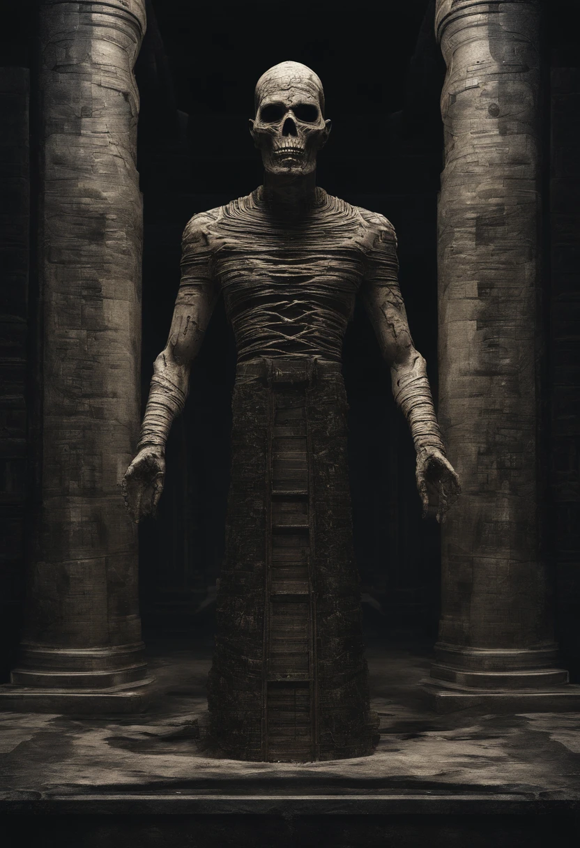 Evil mummy, supervilain, sarcophagus, Egypt, tomb, treasure, ankh, power, illustration, anime, 3d render, dark fantasy