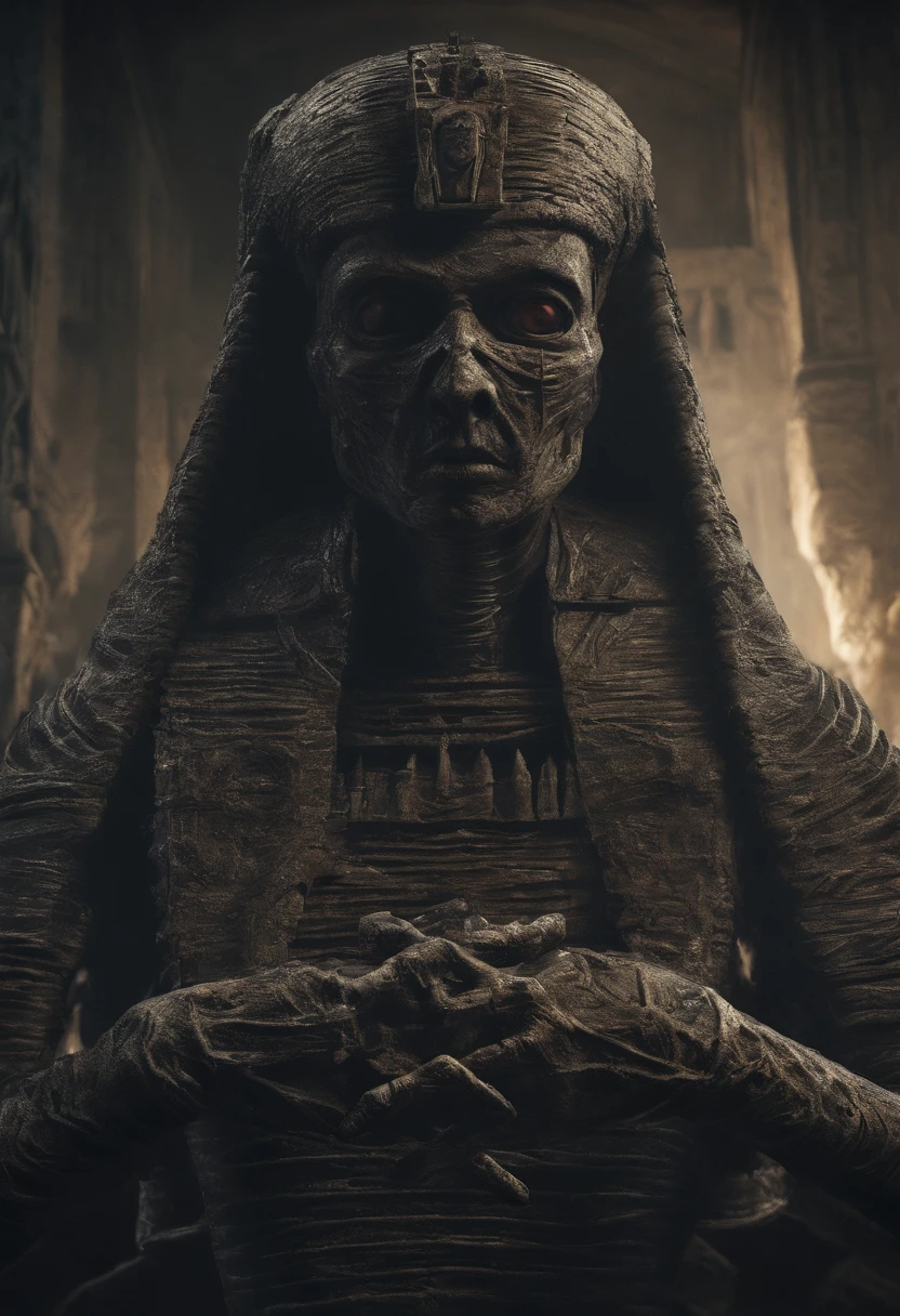 Evil mummy, supervilain, sarcophagus, Egypt, tomb, treasure, ankh, power, illustration, anime, 3d render, dark fantasy