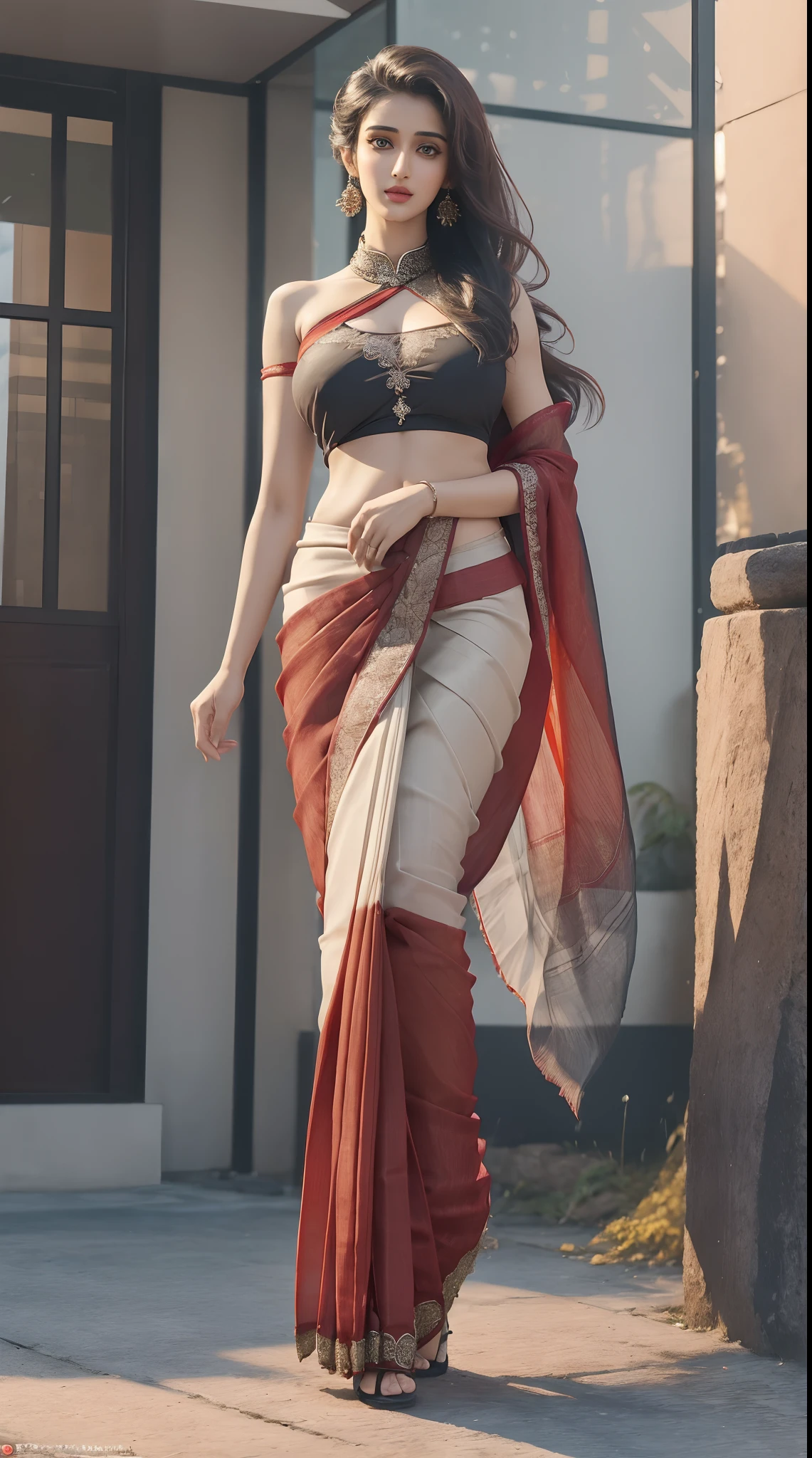 (full body shot:1.5), (Masterpiece:1.37), (Indian babe:1.5), (straight view, straight figure, wide angle pose, standing position:0.5), (inspired by disha patani), 1girl, solo girl, 18 year old girl, ultra realistic face, hyperrealistic, hyperdetailed, (looking at viewers:0.5), sharpen, detailed face, detailed eyes, detailed lips, red lips, beautiful face, 16k, FHD, UHD, raw photo, cute face mesh, pretty face mesh, girl in luxury office, beautiful hair style, tied hair, ((fancy net blouse), (beautiful Indian saree, fancy saree, ultra realistic saree, flared saree, pleated saree, embroidery saree), pleated pallu in saree, waistband belt in saree)), intricate, extremely detailed, (ball shape boobs, perky boobs, tight boobs, muscular perky boobs, close cleavage), (curvy hips), scattering surface, ultra realistic texture, smooth skin, realistic face, glow lip, glow face, very_high_resolution, perfect figure, beautiful curved body, fit body, (fancy high heel), fancy club hair ornament, (abs, muscular body, muscular shoulder, muscular neck), (beautiful goggles).