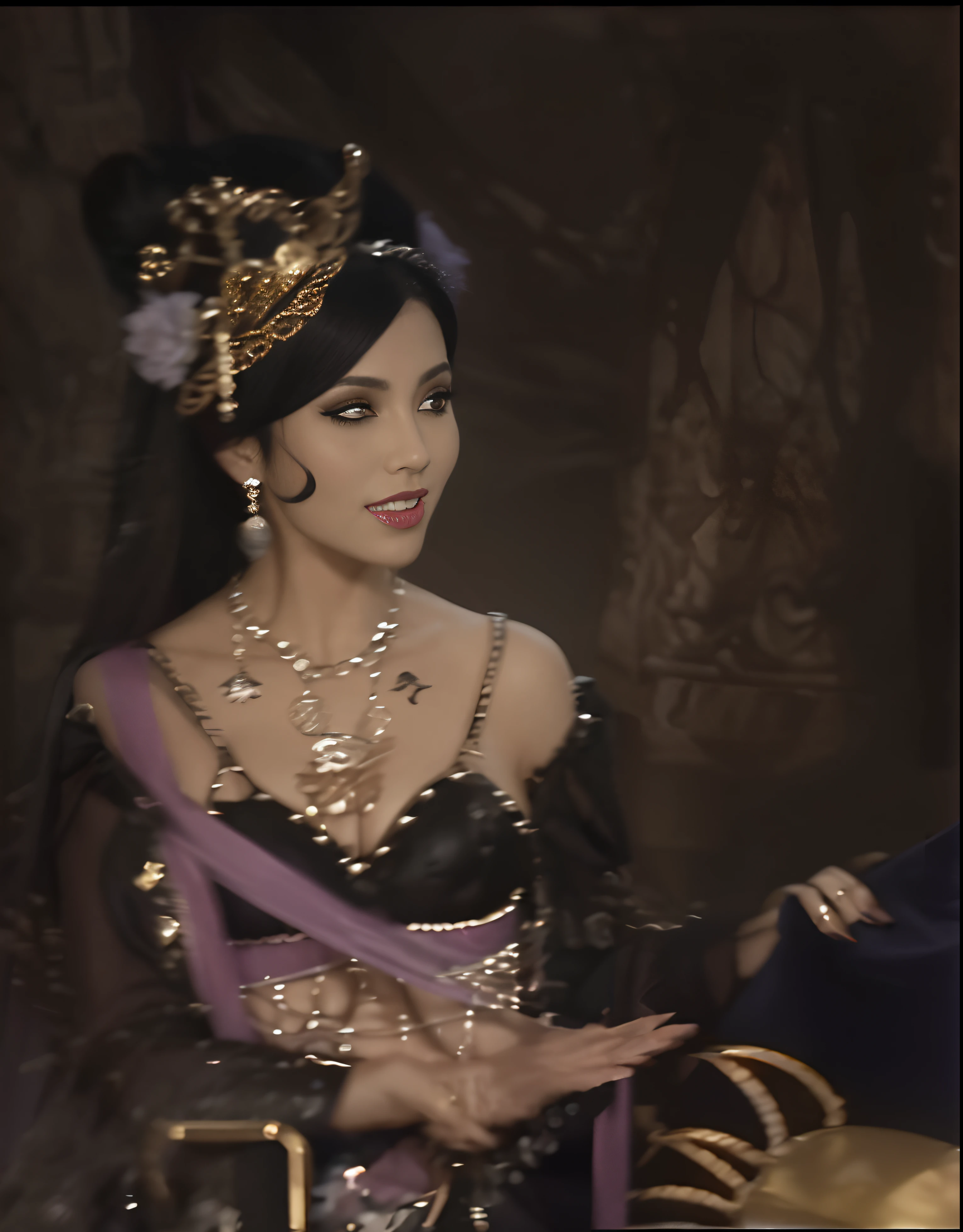 Enchanting witch succubus,Big chest, Slim waist,cropped shoulders,Green waist,Bare chest,heavy makeups,Extra-long nails,Wearing a belly dancing bikini,Enchanting and seductive,The expression is flattering,There are purple streamers on the body,Seduce men。
