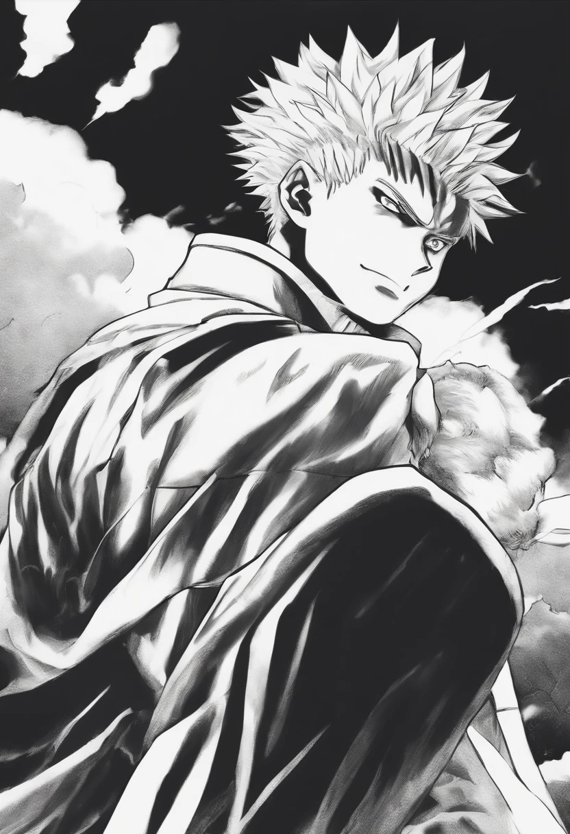 um desenho preto e branco de um homem com um punho, Jujutsu Kaisen, black and white manga panel, com o dedo indicador, Coringa se parece com Naruto, one punch man manga, ink manga drawing, kentaro miura manga art style, black and white manga style, black and white manga page, pencil and ink manga, manga scans