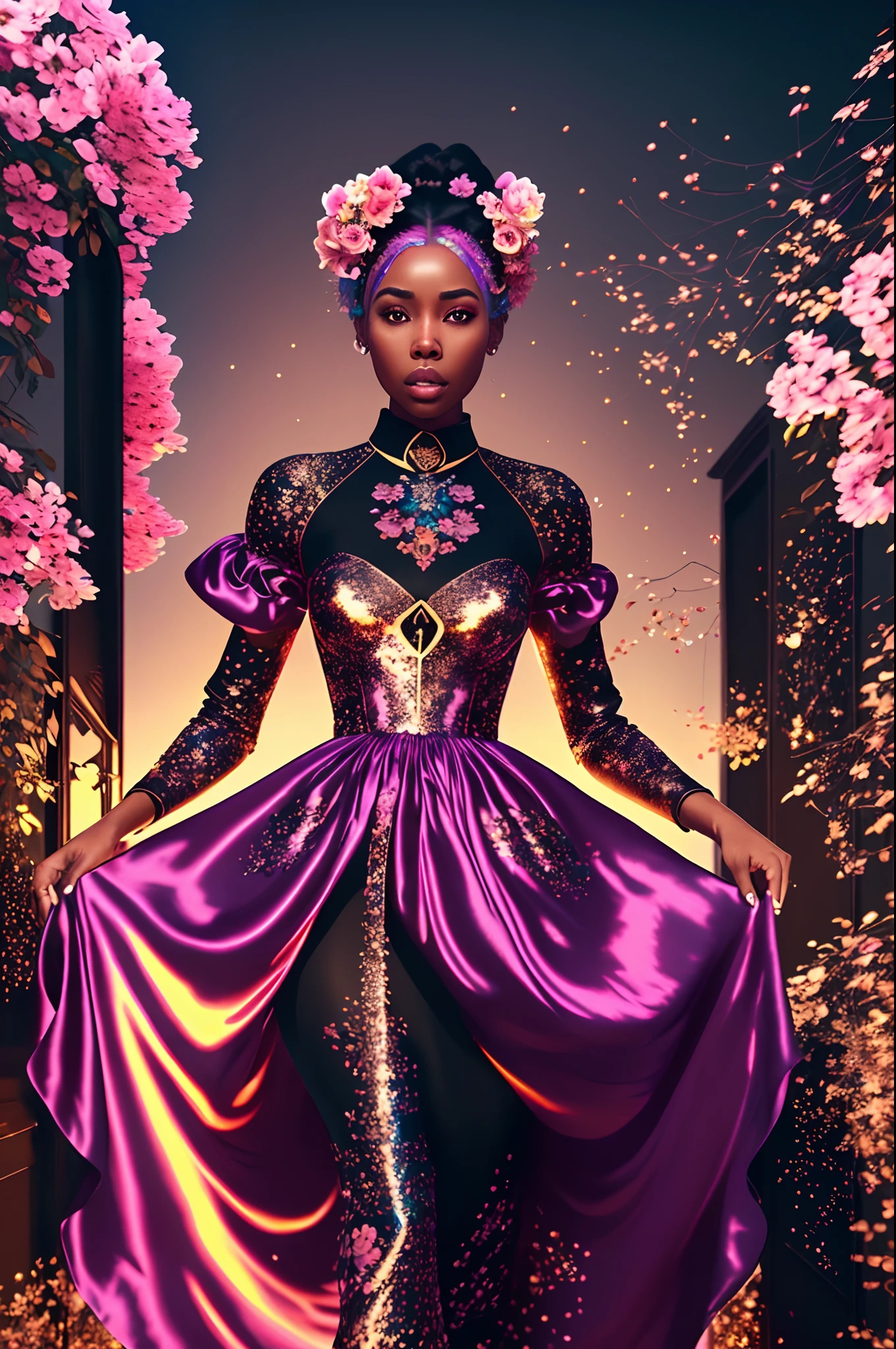 Beautiful black woman dressed in a silk soft dress walking in a rose golden heaven, with iridescent light, highly detailed images, vibrant beautiful colours, photorealistic image, 32k, ultra HD, unreal engine rendered, cinematic lighting, art by Bella kotak, artgerm style, deviantart --auto --s2