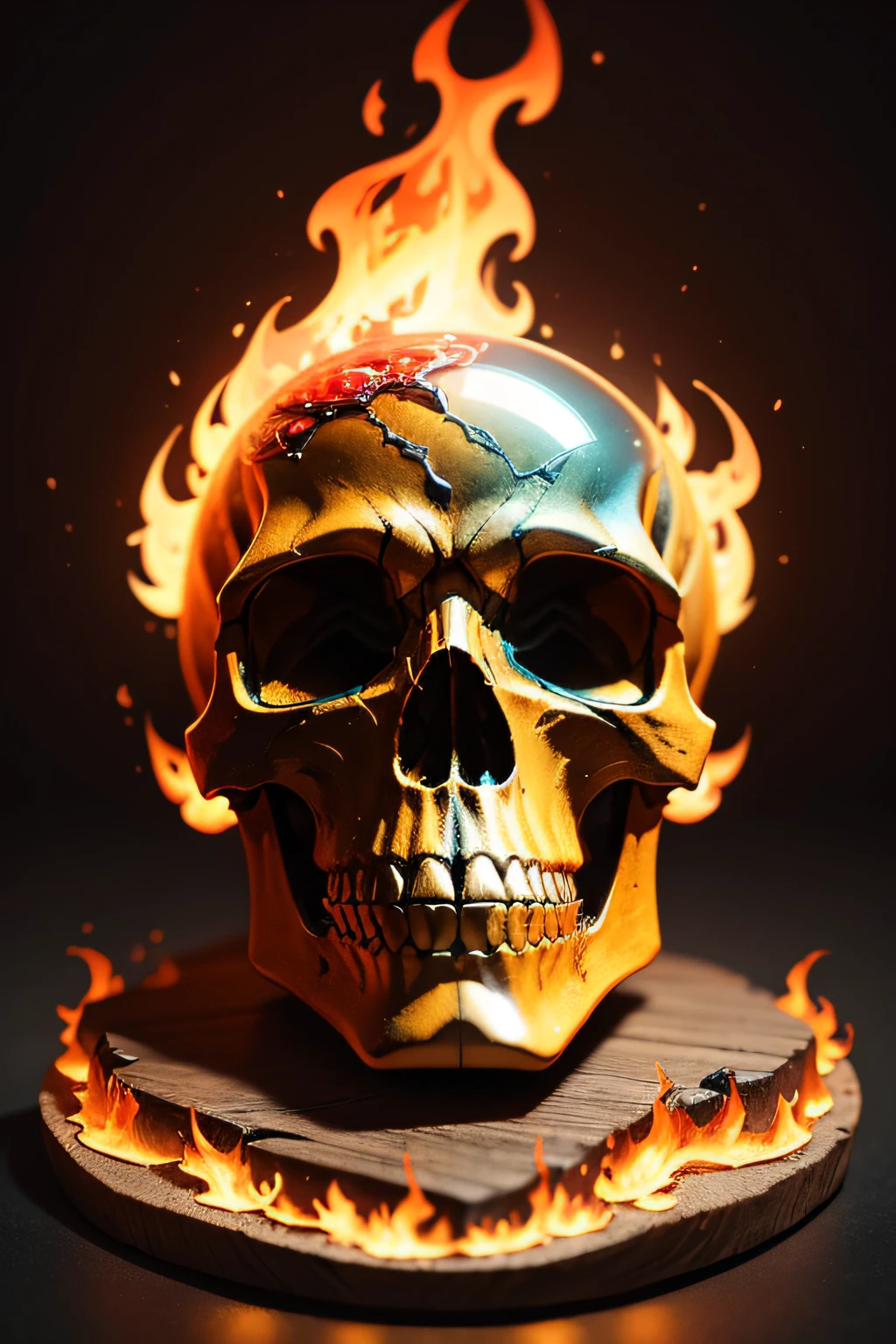 A magnificent in fire skull in glass in multiple colors, very textured and full of details