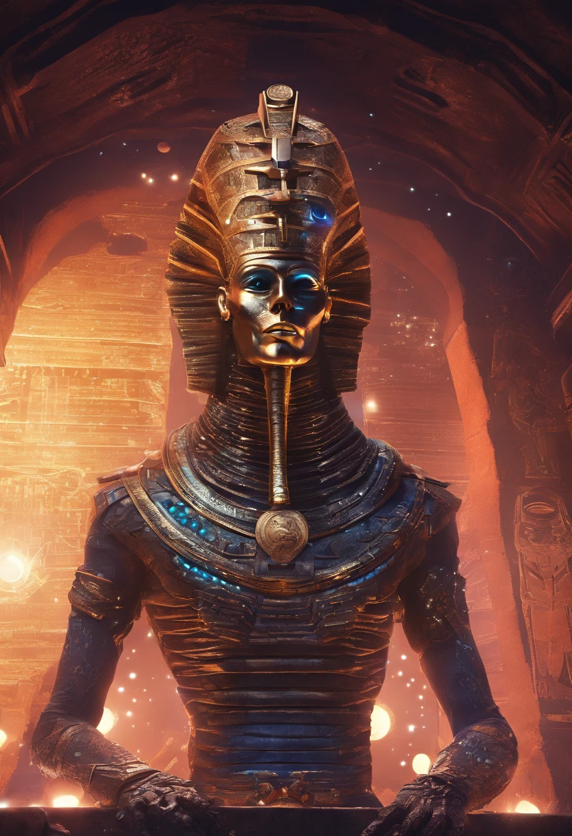 a skull with pharaoh's adornments, and an illuminating eye on the head with gold and turban, atmosfera sombria e tensa, with a serious expression, full of power and arrogance, little light in the scene, terror and fear, tension in the air