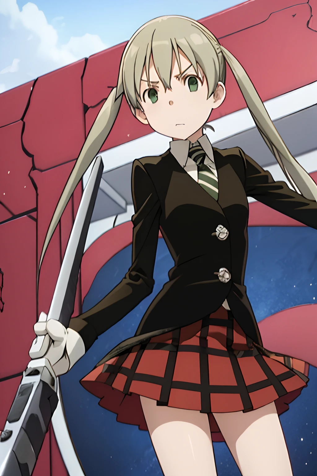 masterpiece, best quality, MakaAlbarn, 1girl, scythe, solo, twintails, skirt, plaid, plaid skirt, gloves, necktie