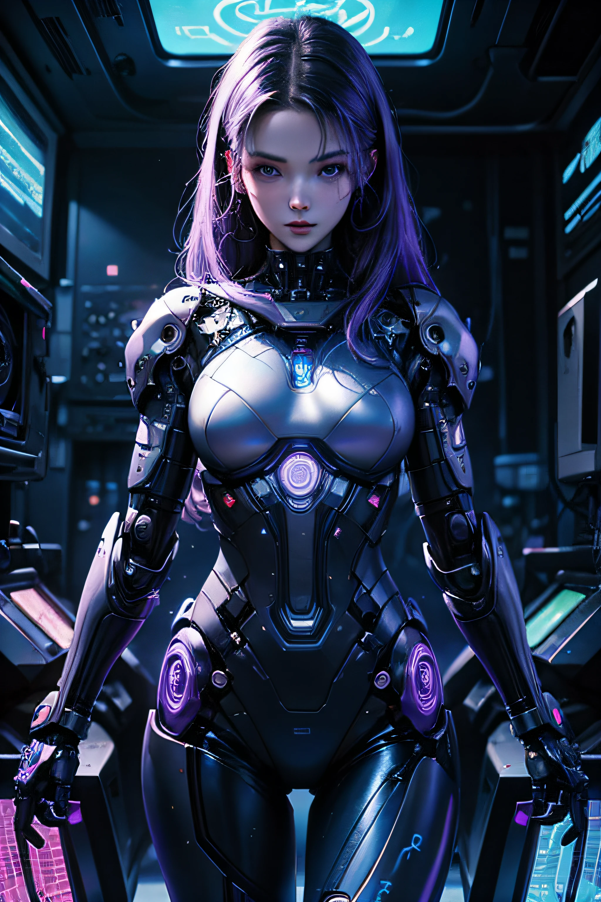 Girl Computer , Beautiful appearance , higly detailed , Lots of wires and robotic parts, Matrix Effect, Space Distortion, purple color, Blue . neonlight.