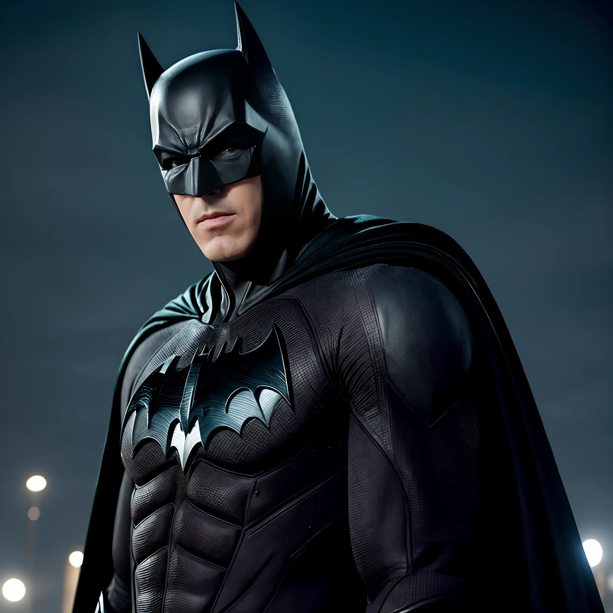 Attractive manly realistic man with statuesque body with naked hair with big thick realistic attractive penis with short wet black hair and blue eyes dressed in batman costume in bat shaped black car with rainy night background
