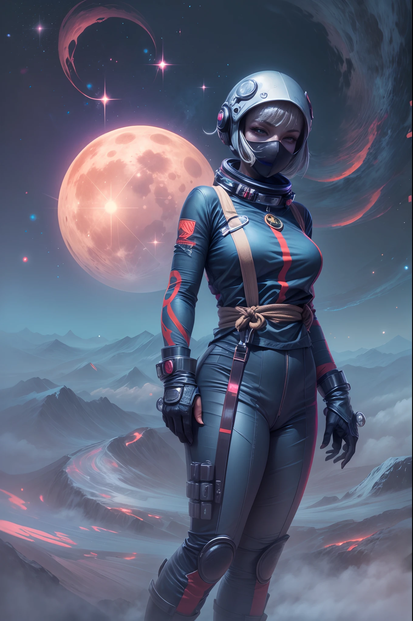 "Sleek ninja, lunar glow, girl in space attire, misty moon, sci-fi fantasy, astral dreamscape."