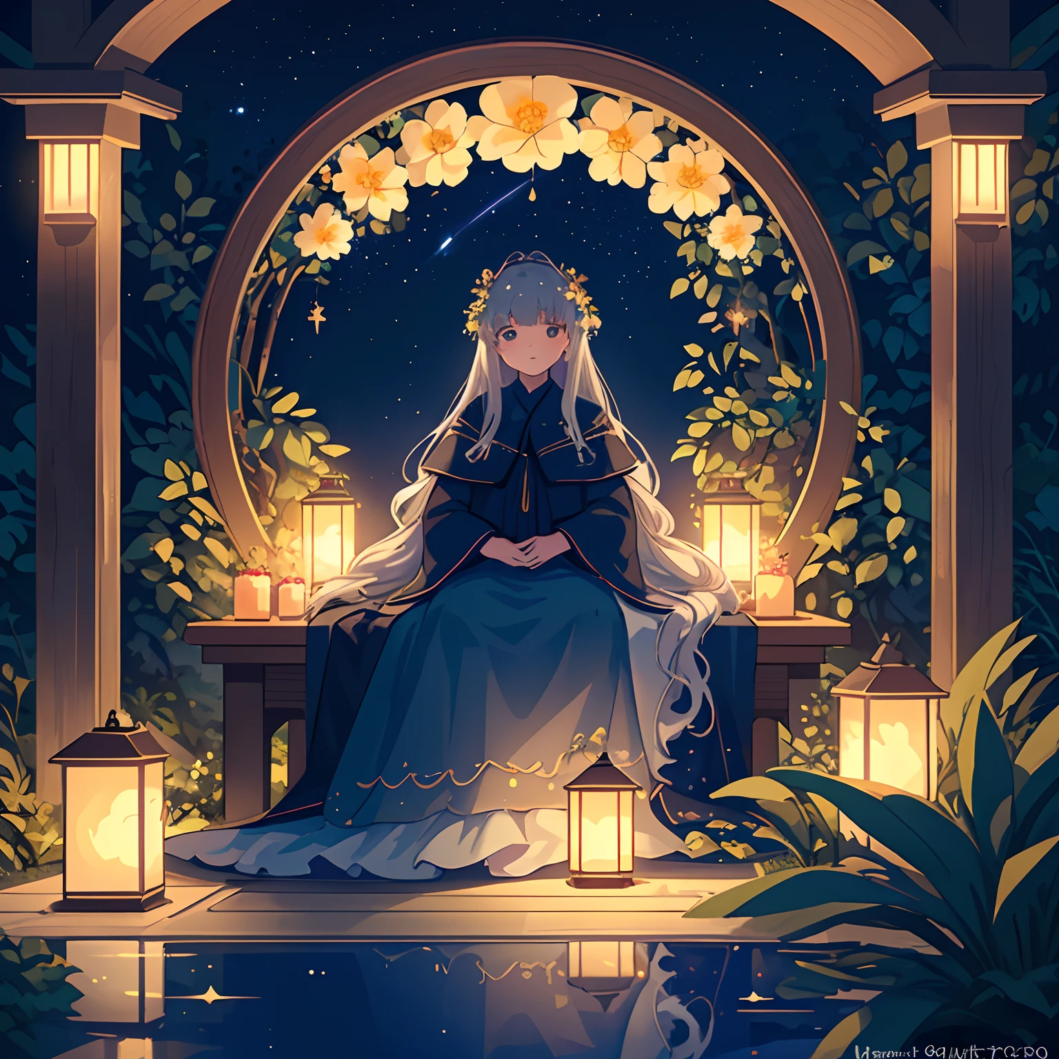 Masterpiece, best quality, (very detailed CG unity 8k wallpaper) (best quality), (best illustration), (best shadows) Nature&#39, Under a canopy of countless stars, a gorgeous young girl finds serenity in her backyard garden. The night is filled with a celestial glow, crickets chirping softly, and the scent of blooming flowers filling the air. She reclines in a comfortable chair, contemplating the mysteries of the universe in the stillness of the night, light Tracking, super detailed --v6